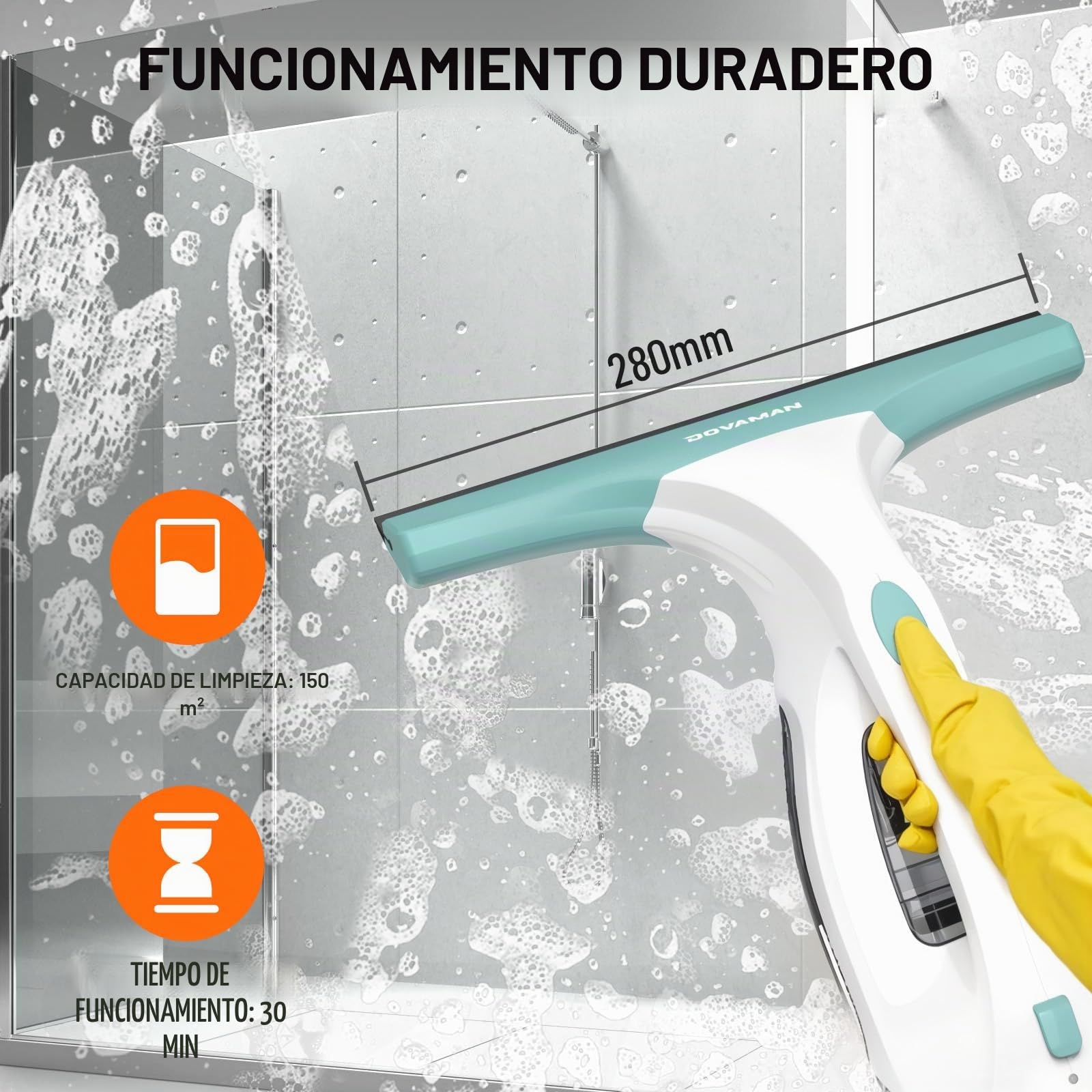 DOVAMAN WC01A Limpiador de Cristales, 30 min de Autonomía, Boquilla 280mm, Pulverizador con 2 Paños Microfibra, Depósit 150ml, 150m² por Carga, 700g Limpiacristales Eléctrico