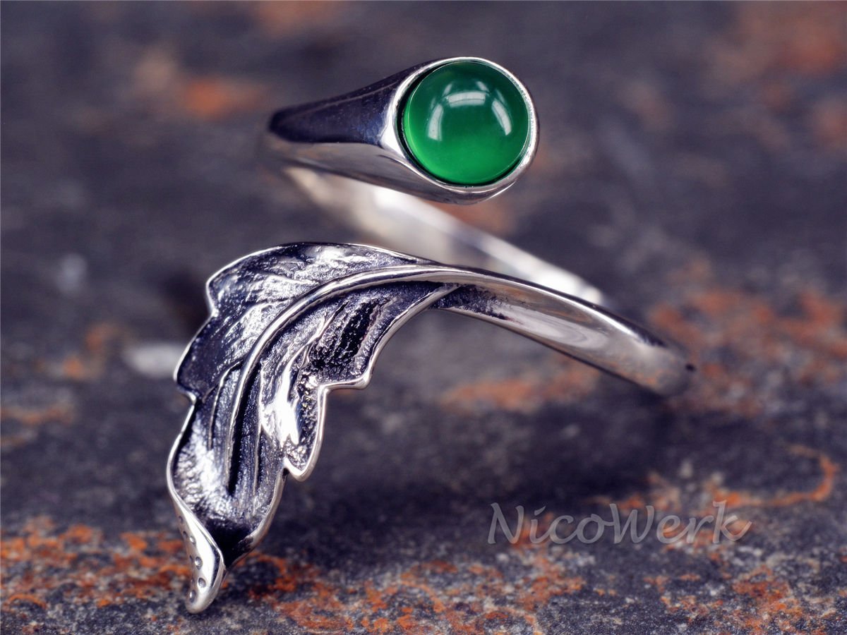 NicoWerk Silberring Feder Vintage Chalcedon Mit stein Grün Ethno Ring Silber 925 Verstellbar Damenringe Damen Schmuck Sterling SRI264