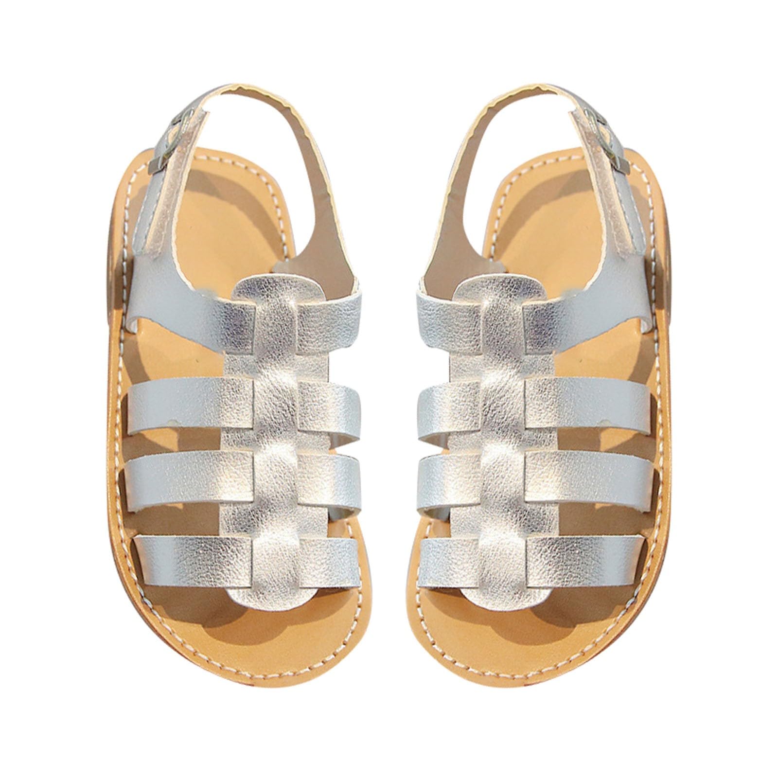 girls sandal Sandal Open Toe Summer PU Leather Sandal Slip On Princess Flat Sandals Flower Shoes For (Silver, 7 Infant)