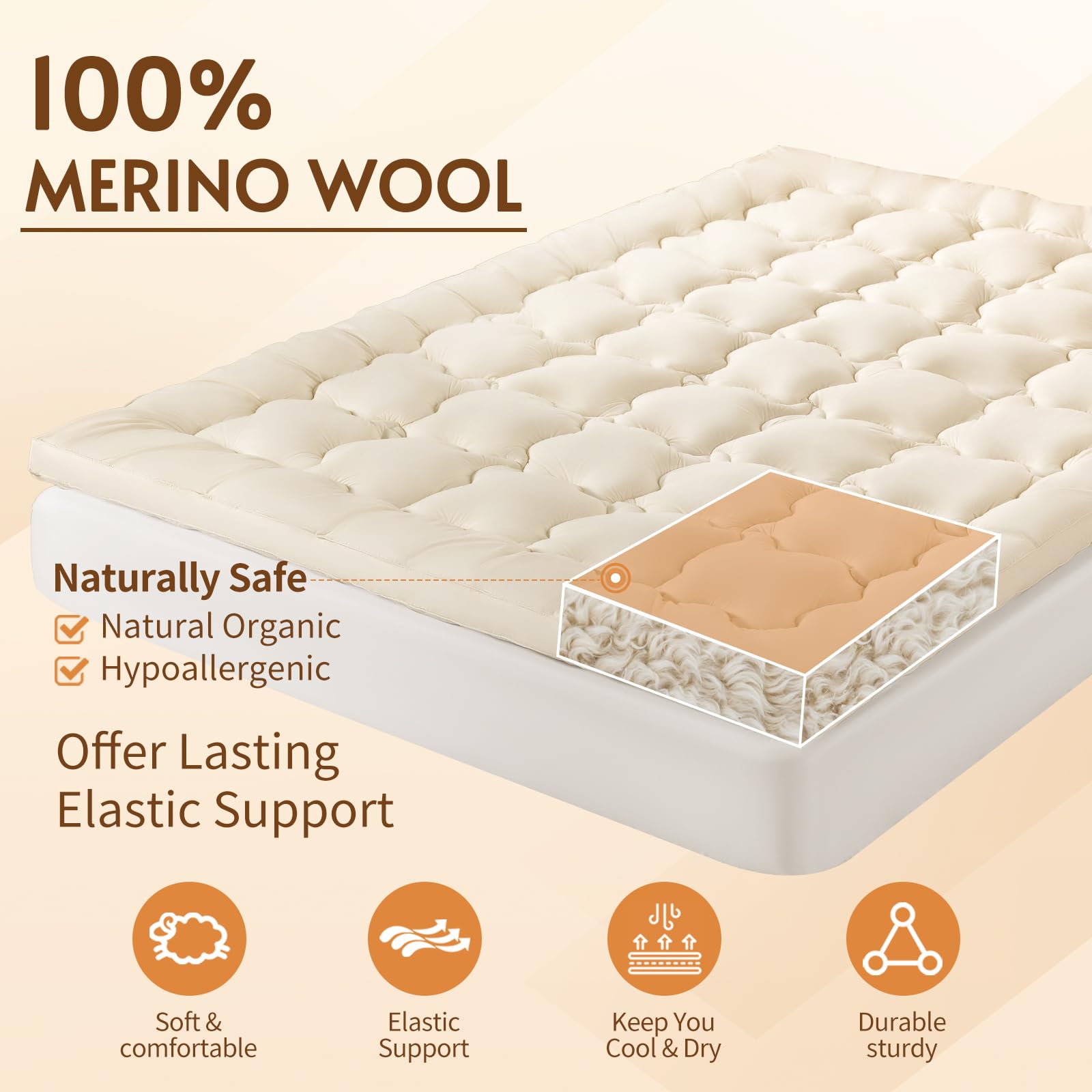 Photo 1 of Luxury 100% Organic Wool Mattress Topper (Beige, King(78"x80"))
