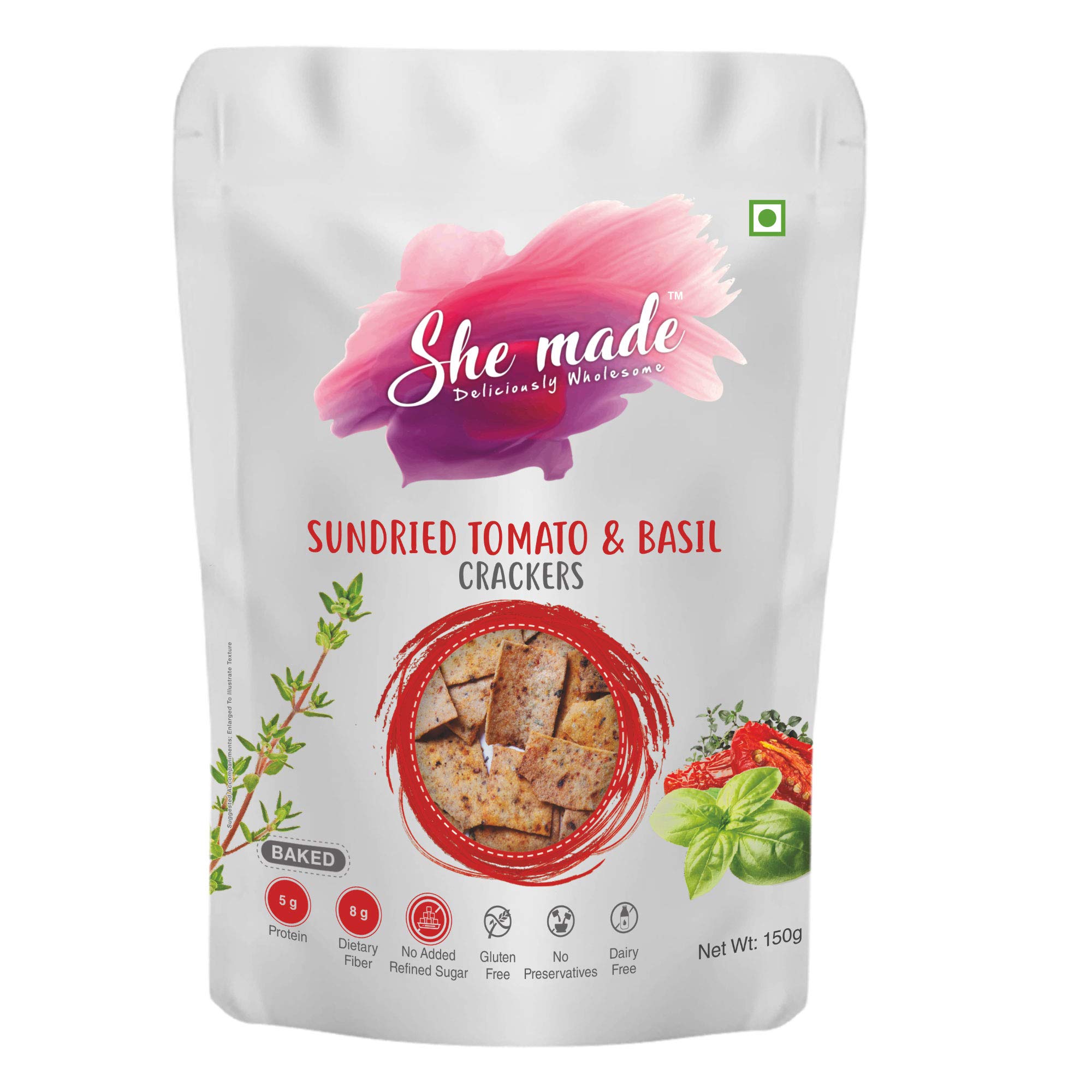 She Made Foods Crackers Biscuit - Tangy Sundried Tomato & Basil Flavour, Vegan & Gluten-Free Snack, Healthy Baked Crackers, Tasty Gourmet Bites (150 grams)