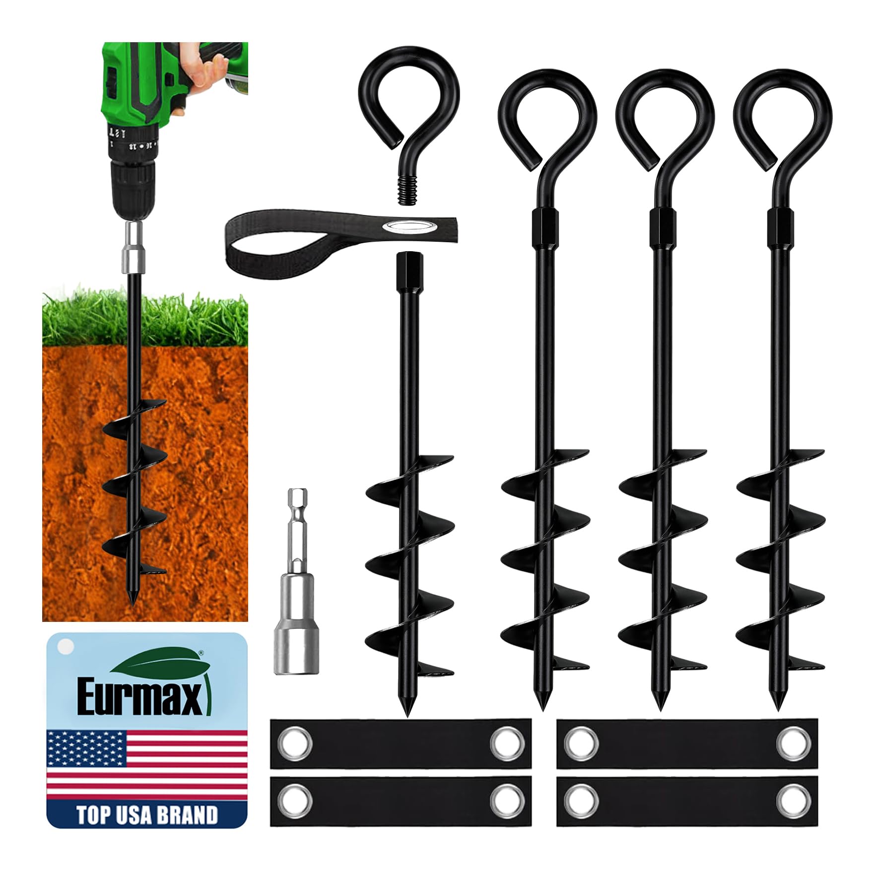 Eurmax USA 4 Pack Heavy Duty Ground Stakes&amp;Anchors,Commercial Spiral Screw-in Trampoline Stakes with Reinforced Tie-Down Straps,High Wind Stabilizing Kit for Canopies,Outdoor Sheds,Swing Sets(Black)