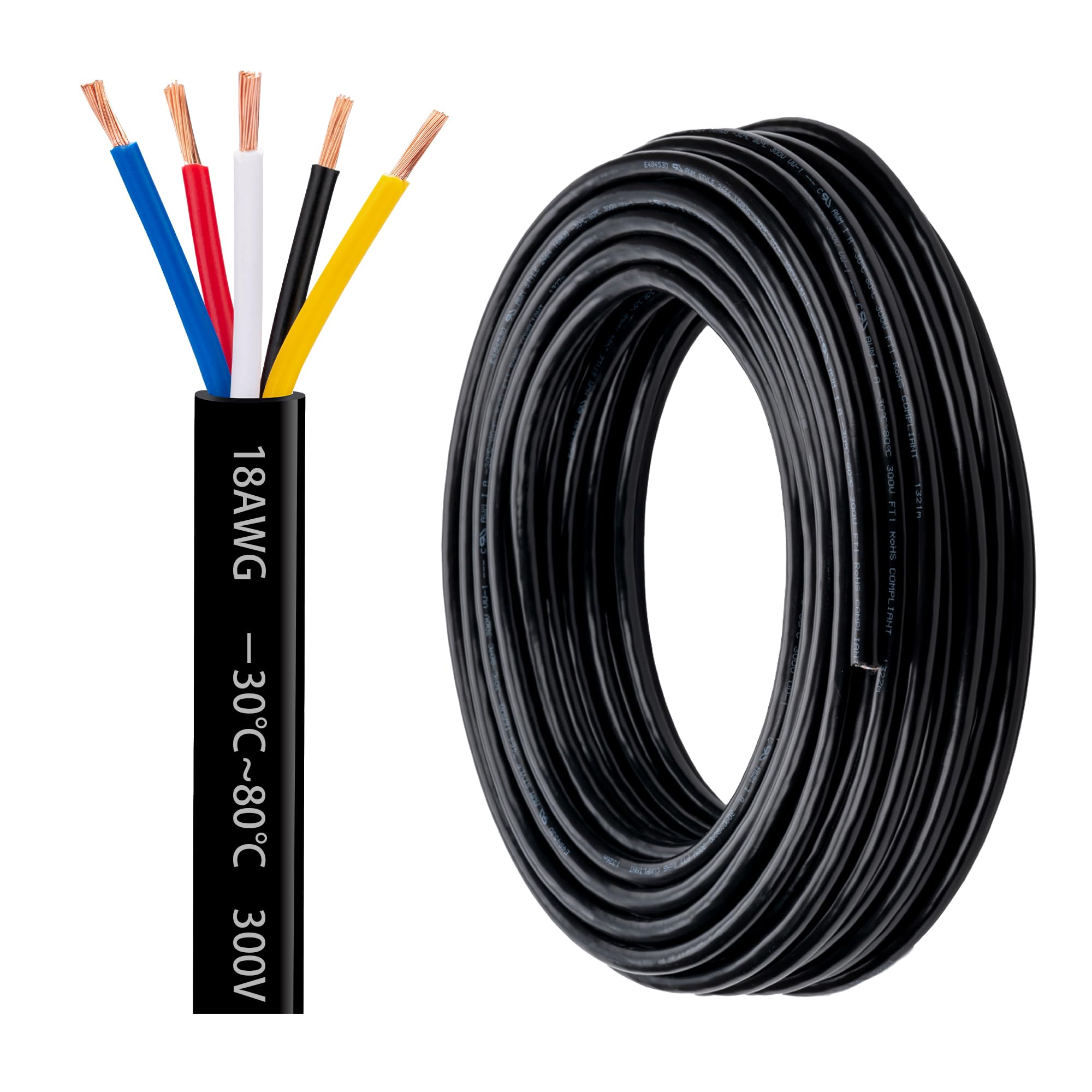 18 Gauge 5 Conductor Electrical Wire 18 AWG 5 Wire Oxygen-Free Copper PVC Stranded 100FT 18/5 Wire for LED Lighting Outdoor Low Voltage Extension