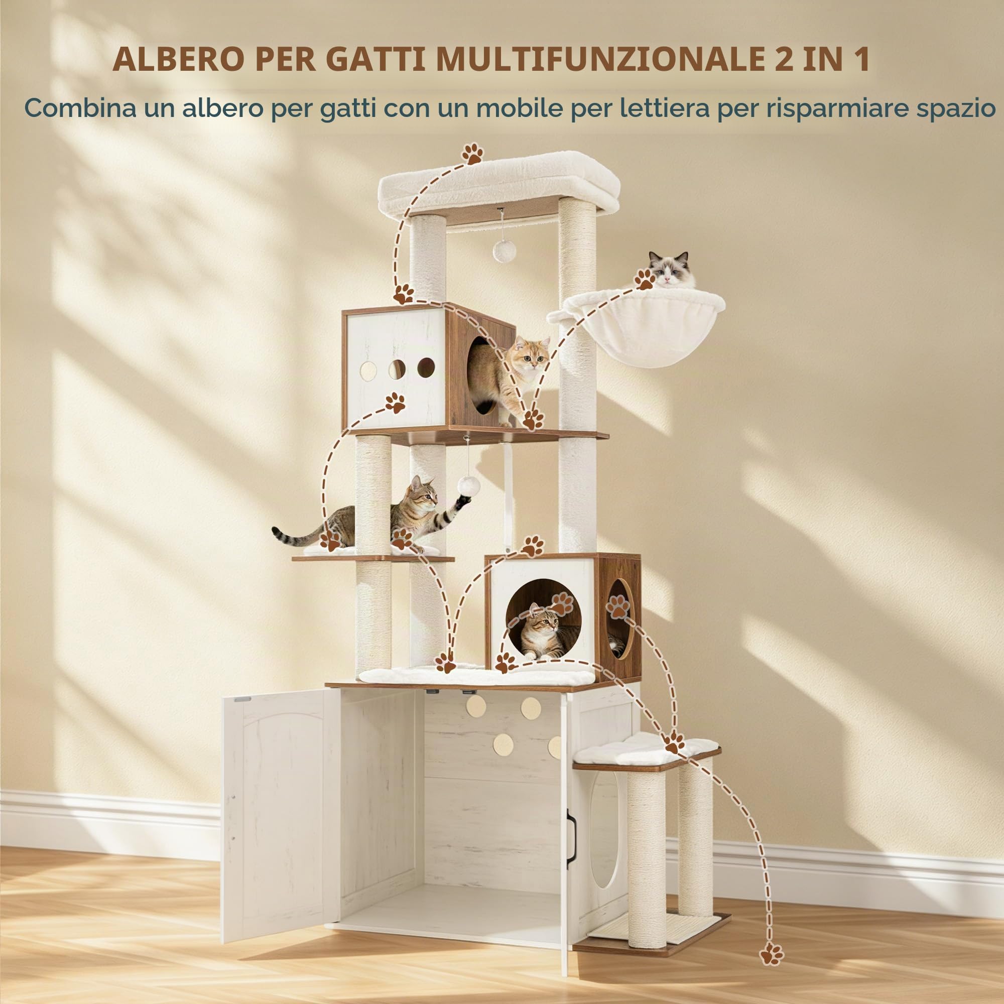 Tiragraffi con Mobile per Lettiera, 190 cm, Bianco e Marrone | Gatti Moderno con Tiragraffi, Piattaforma di Salto Rimovibile, Due Grotte, Piattaforma, Cuscini Lavabili FPMS013PWR1
