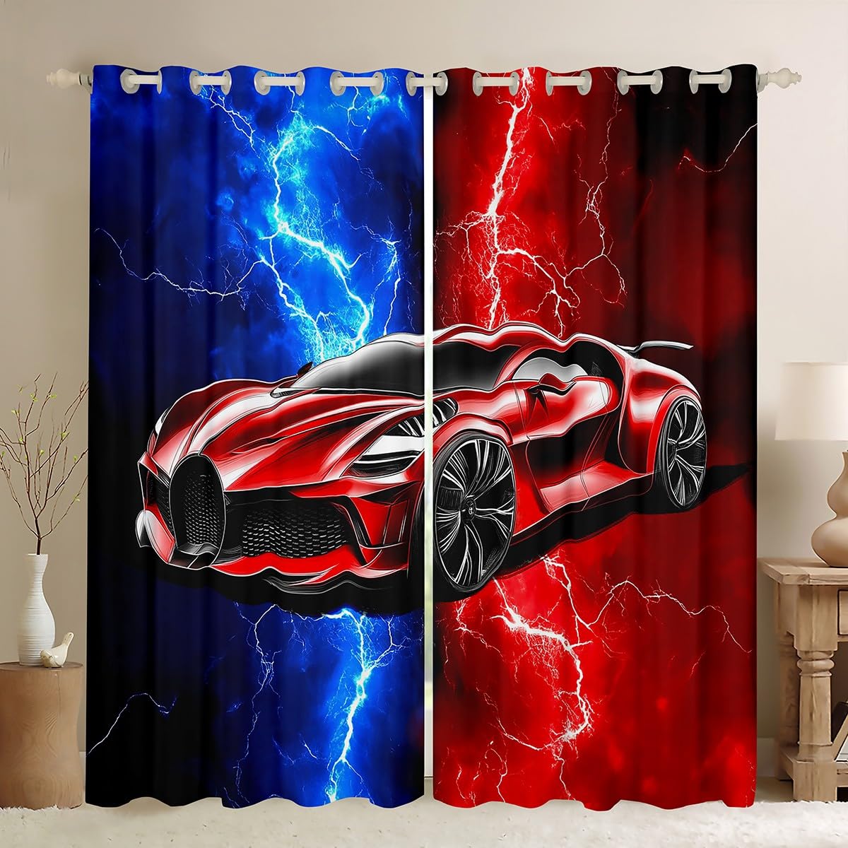Homewish Rideau Occultant 30%-50% Voiture de Sport 117x137 cm, Rideau Enfant Garçon Voiture de Course, Rideau Voilage Éclairs, Voilage Fenetre Rouge et Bleu, pour Chambre/Salon Décoration de Fenêtre
