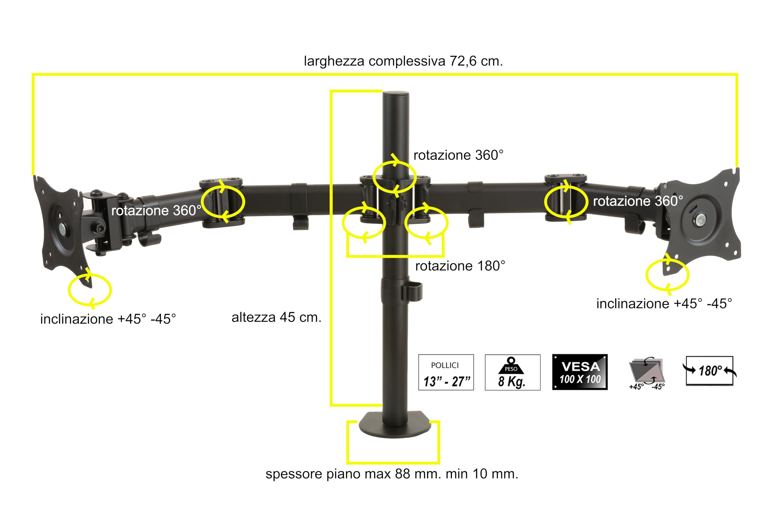 LINK LKBR07 Braccio Supporto da Tavolo con Morsa per 2 Monitor 13-27" Fino a 8 kg a 3 Snodi, Nero