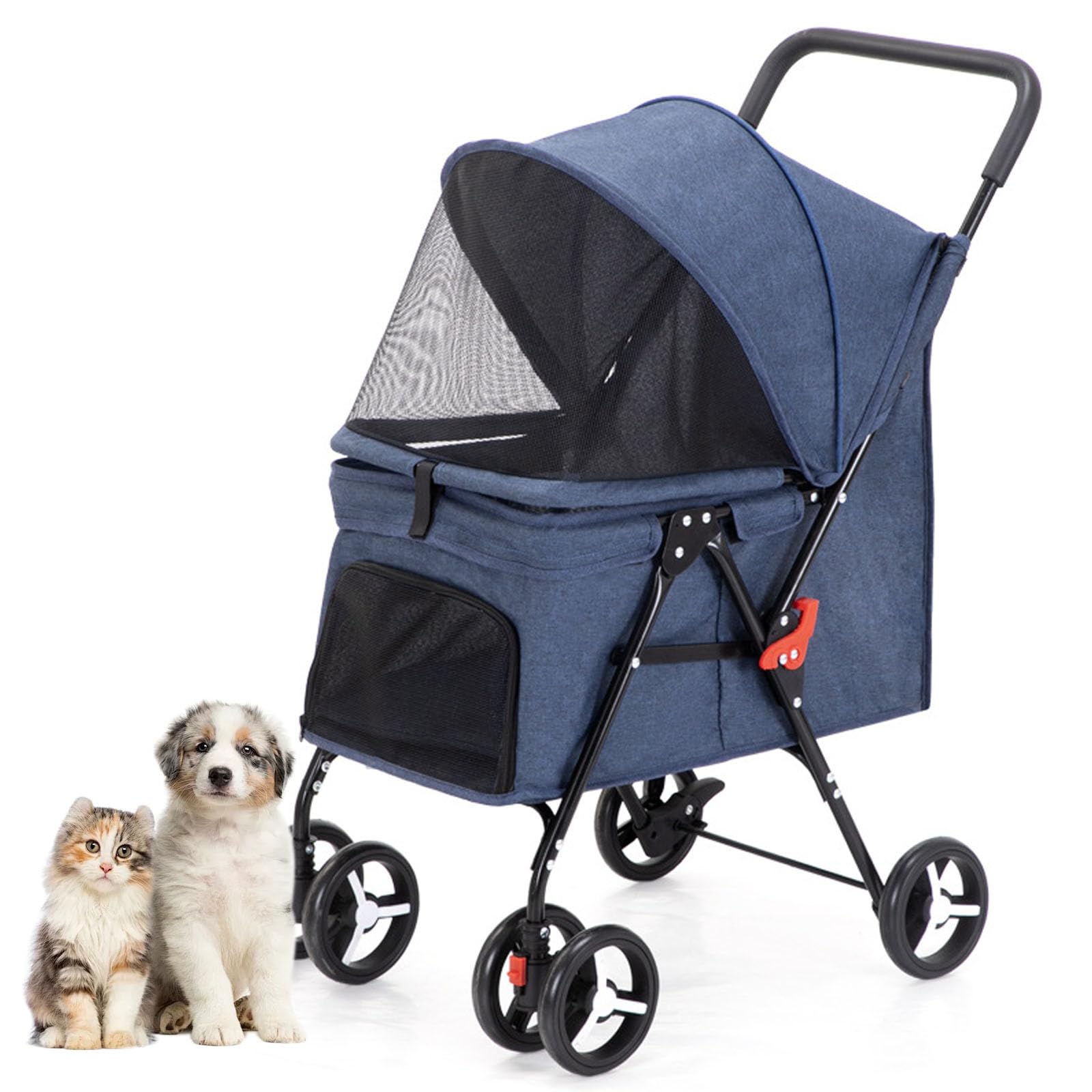 Passeggino da Jogging Pieghevole Traspirante, Passeggino da Viaggio per Cuccioli con Ruote robuste girevoli a 360°, Borsa portaoggetti Posteriore e Rete visibile,Blu