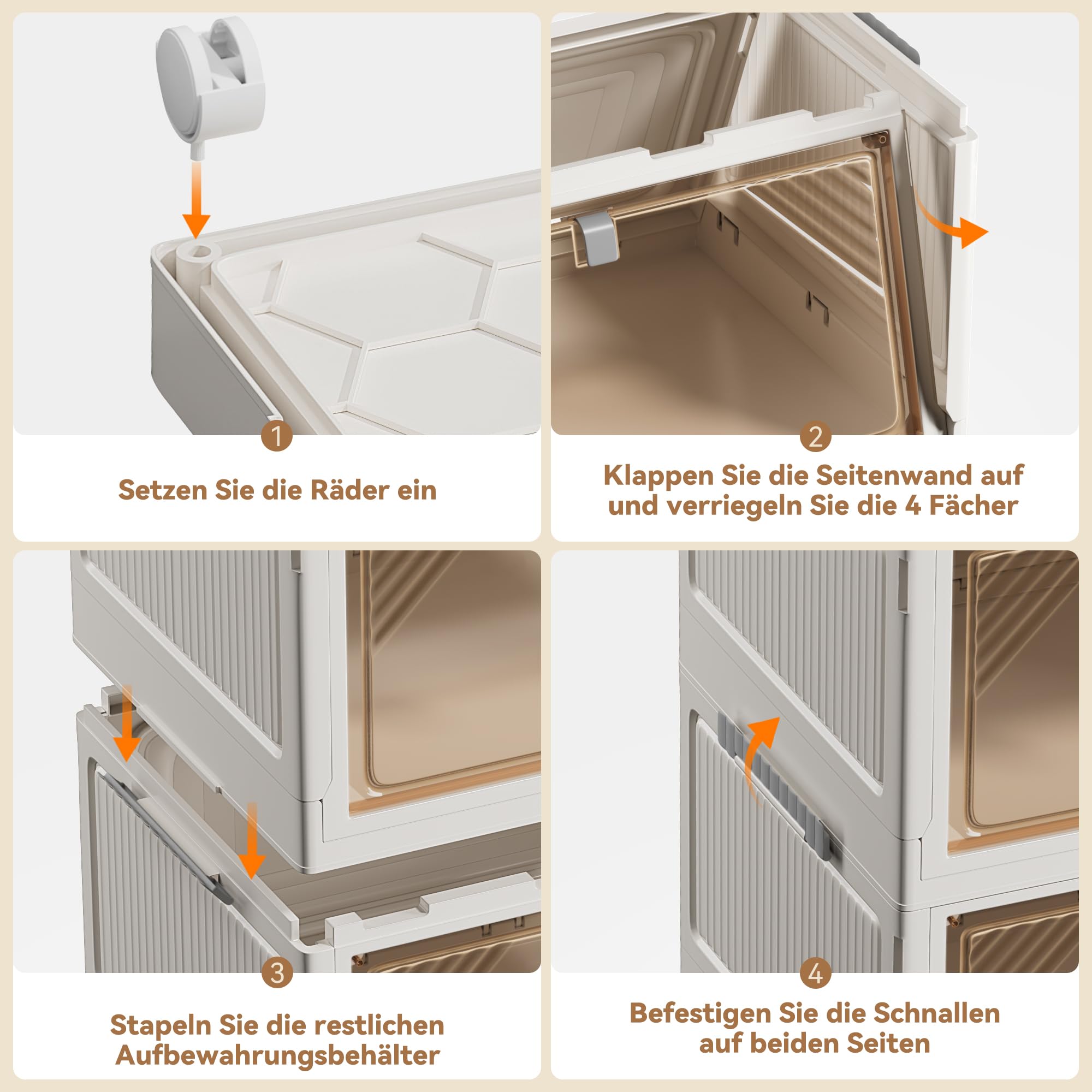 BTGGG 4 Tier Aufbewahrungsbox mit Deckel, 50L*4 Stapelboxen Kisten Aufbewahrung mit Deckel, Kunststoff-Aufbewahrungsbox Faltbare Aufbewahrungsbehälter mit Rollen und Türen, Storage Boxes Organizer
