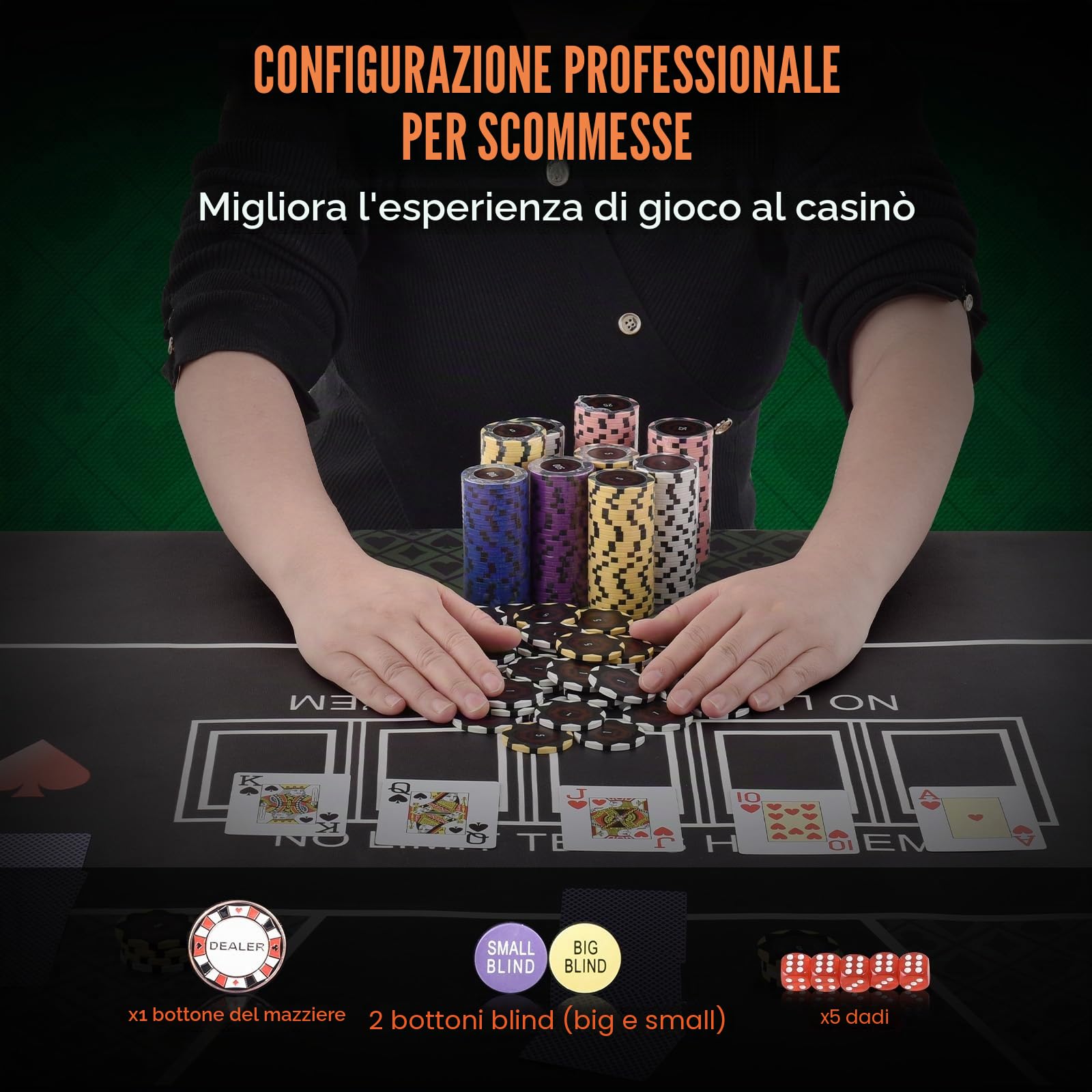 VEVOR Set di Fiches da Poker, Set Poker 500 Pezzi, Set Completo Fiches Carte da Giochi in Argilla con Valigetta in ABS, Fiches da Poker 9-10 Giocatori, Carte, Bottoni Dadi per Texas Hold'em, Blackjack