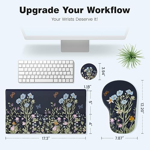 Miniatura 6 de Ospelelf Almohadilla Ergonómica para Mouse y Soporte con Reposamuñecas para Teclado, Comodidad de Espuma Viscoelástica, Alivio del Dolor para Flores