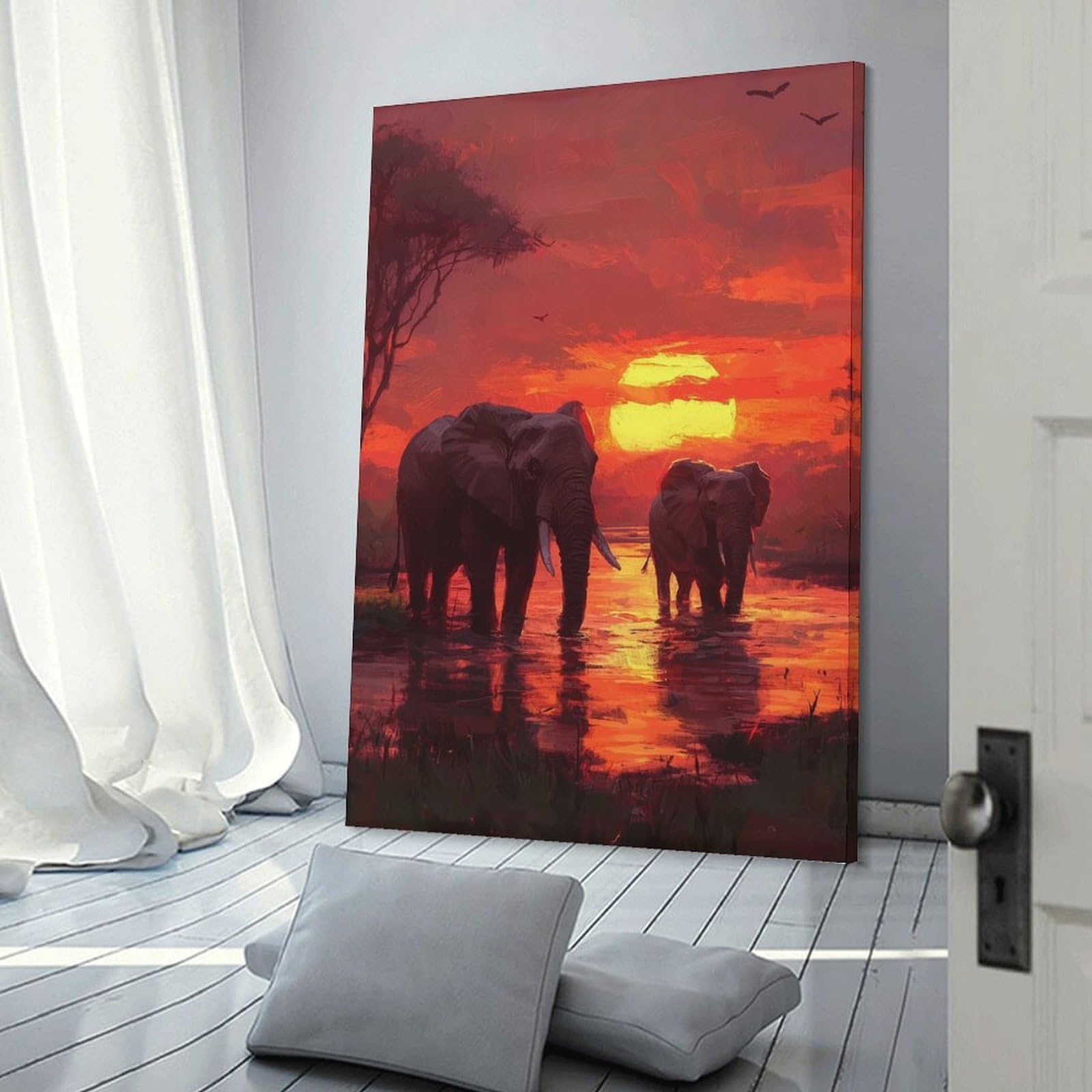 Junmoney Frame-Style-16 Elephants At Sunset Decorative Wall Artwork, 20X30inch(50X75cm), For Living Spaces, Bedrooms Or Relaxed Rooms, Modern Wall Decor For Cosy Interiors