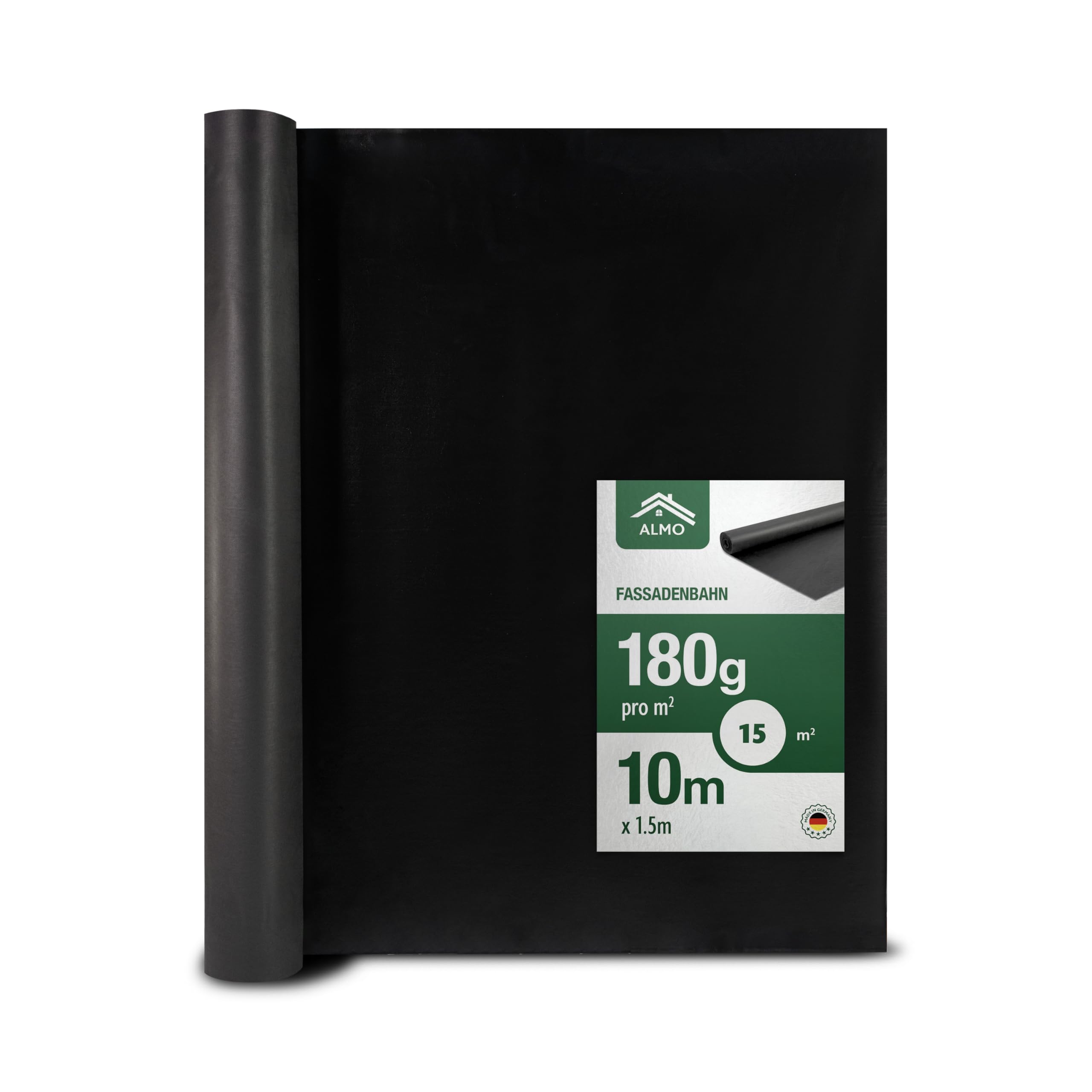 ALMO schwarze UV Fassadenbahn 15m² (1,5 x 10m), 180g/m², Diffusionsoffen, Brandklasse B, Hitzebeständig bis zu 150°C, dauerhaft UV-beständig ohne Selbstklebestreifen