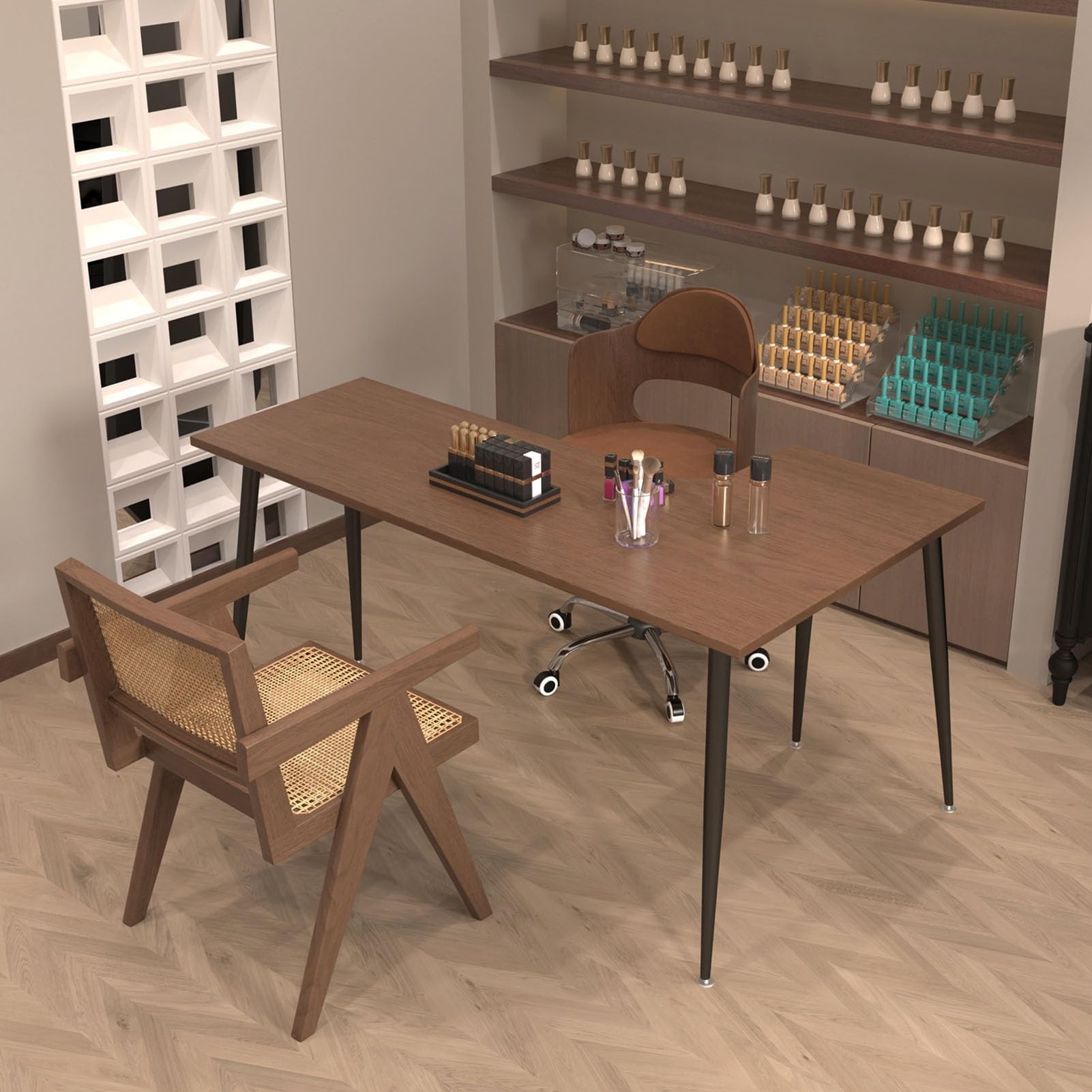 Nageltisch L-förmiger Nageldesign-Tisch, Multifunktionale Nageldesign-Arbeitsstation, Geeignet Für Professionelle Nagelkünstler(Brown-1,140x50x75cm)