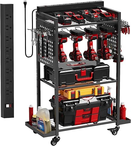 Miniatura 11 de Organizador de Carrito Rodante de Herramientas Eléctricas con 8 Salidas de Cargador, Carrito de Almacenamiento de Herramientas Móvil de Servicio