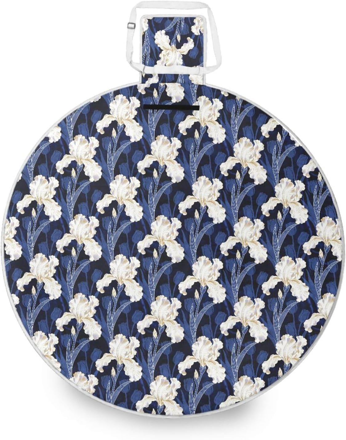 Round Picnic Blankets - Fits 2 Adults, Summer Accessories Waterproof Beach Picnic Blanket for Beach Mat or Family Outdoor Camping Party 58 in (Elegantwhite Lris Bklue Leaves Print)