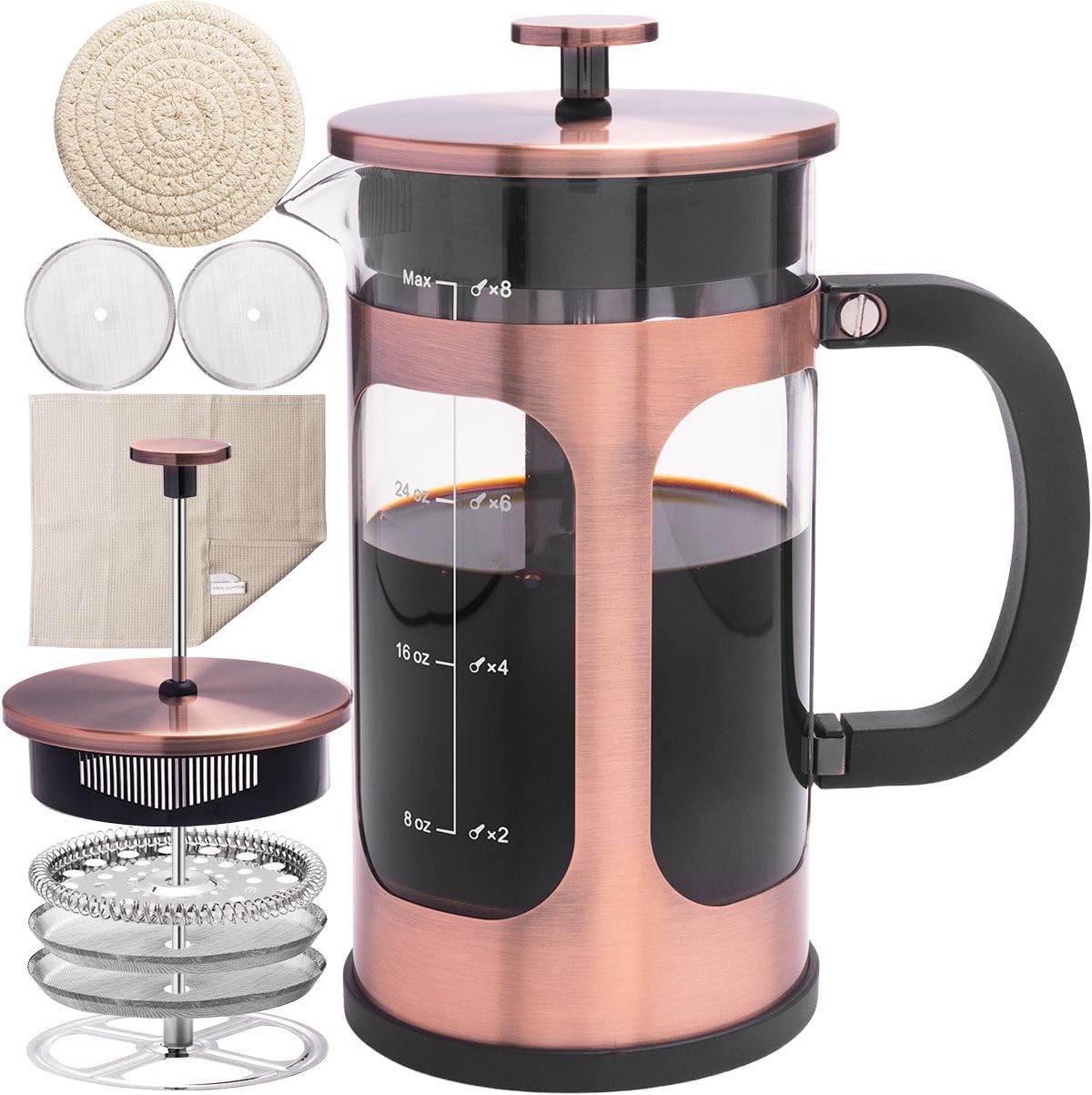 French Press Coffee Maker 8 cups 34 oz 304 Stainless Steel Coffee Press with 4 Filter Screens, Easy Clean Heat Resistant Borosilicate Glass - Free 100% BPA… (Copper-NRA1-S, 34oz)