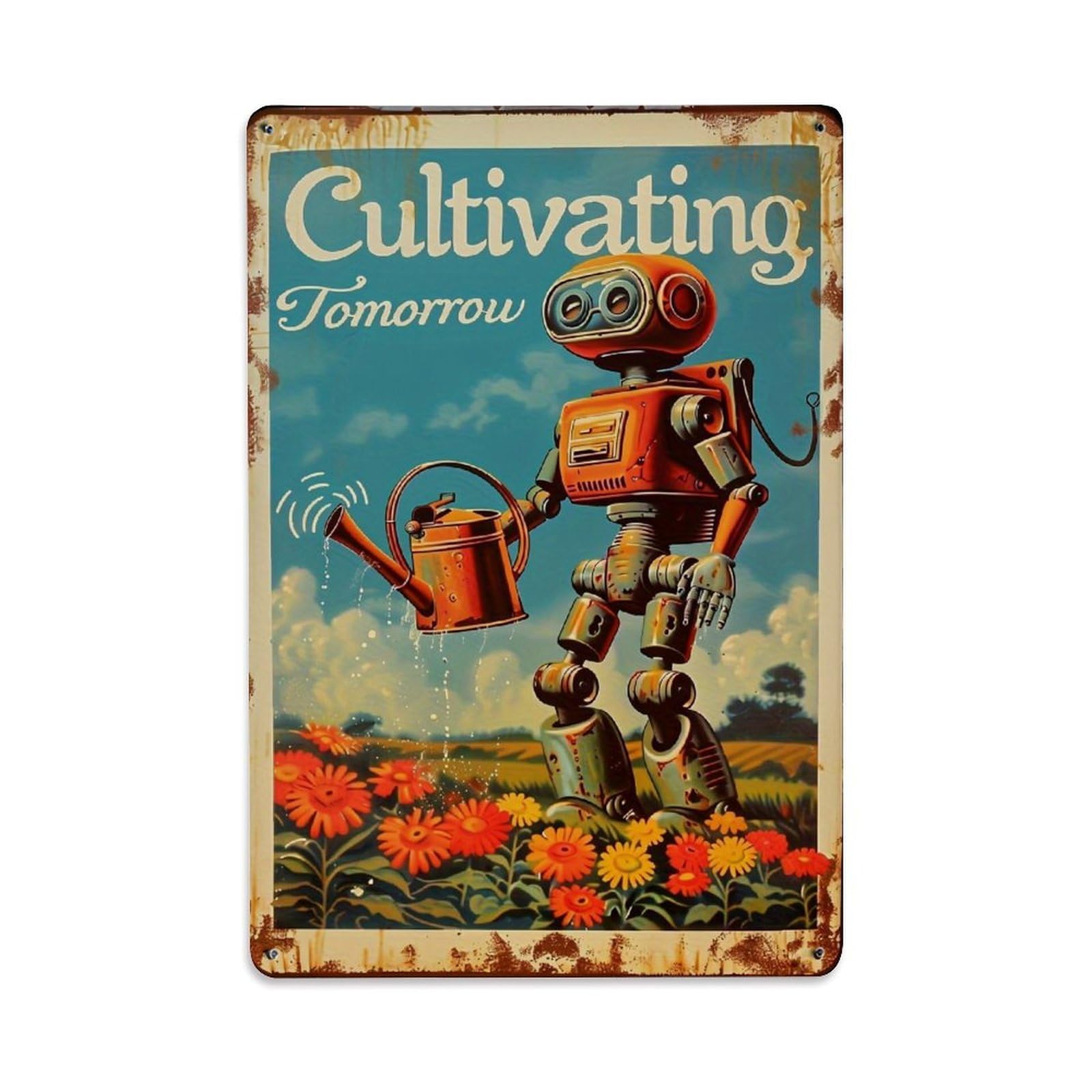 Jdfenggu Vintage Robot Watering Flowers Field Sky Retro Metal Tin Sign, Decor Art Poster For Bar, Home, Man Cave, Kitchen, Laundry Room Gift 8X12inch