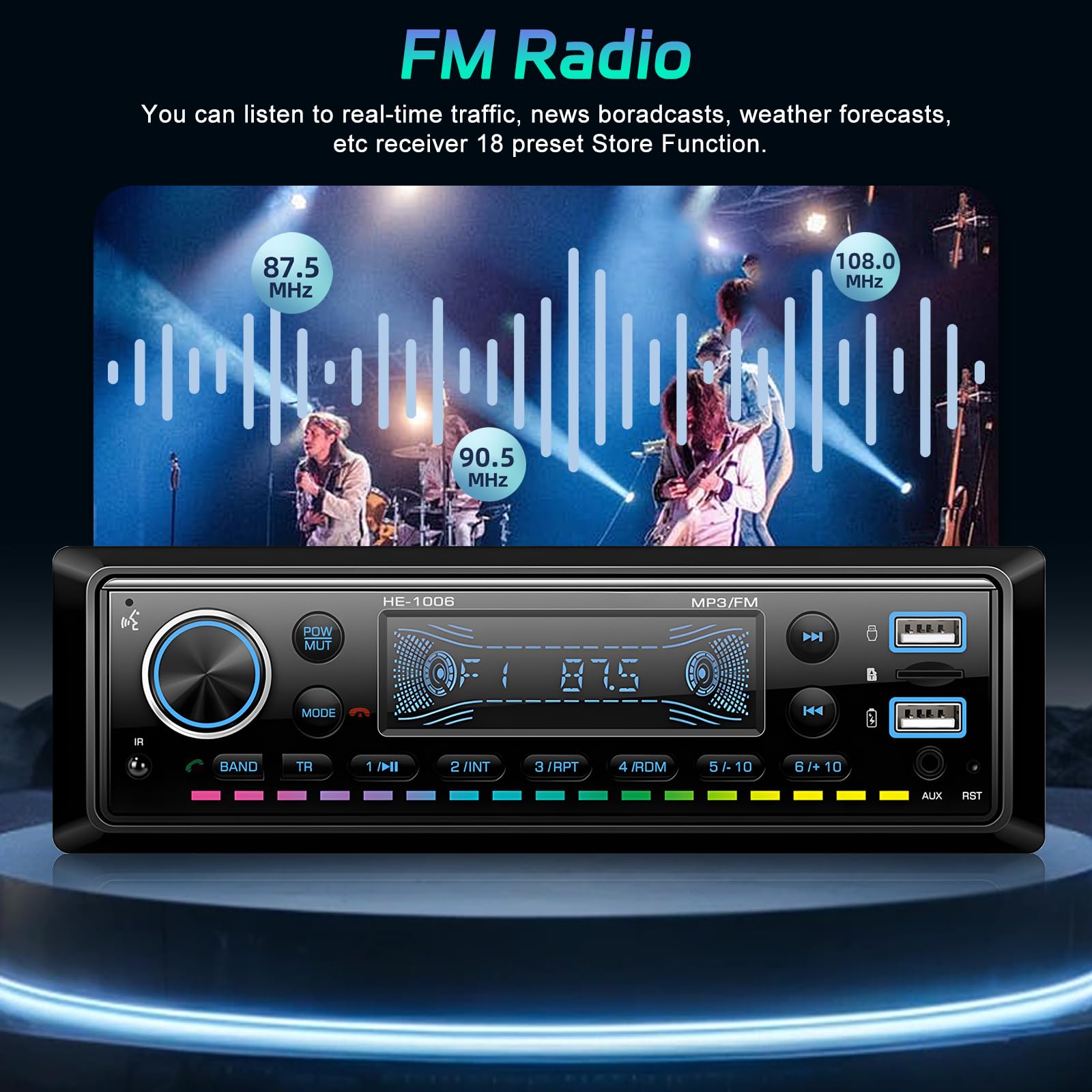 NHOPEEW Autoradio Bluetooth 1 Din con display LED RGB - Autoradio FM 1 Din con doppia porta USB SD Card AUX + telecomando