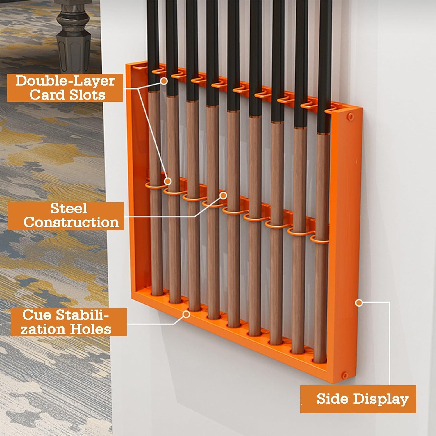Wall-mounted Pool Cue Holder,6/9/12 Hole Billiard Cue Display Stand,for Snooker Game Room Clubs Gymnasiums Storage Rack(Orange,9-Hole)