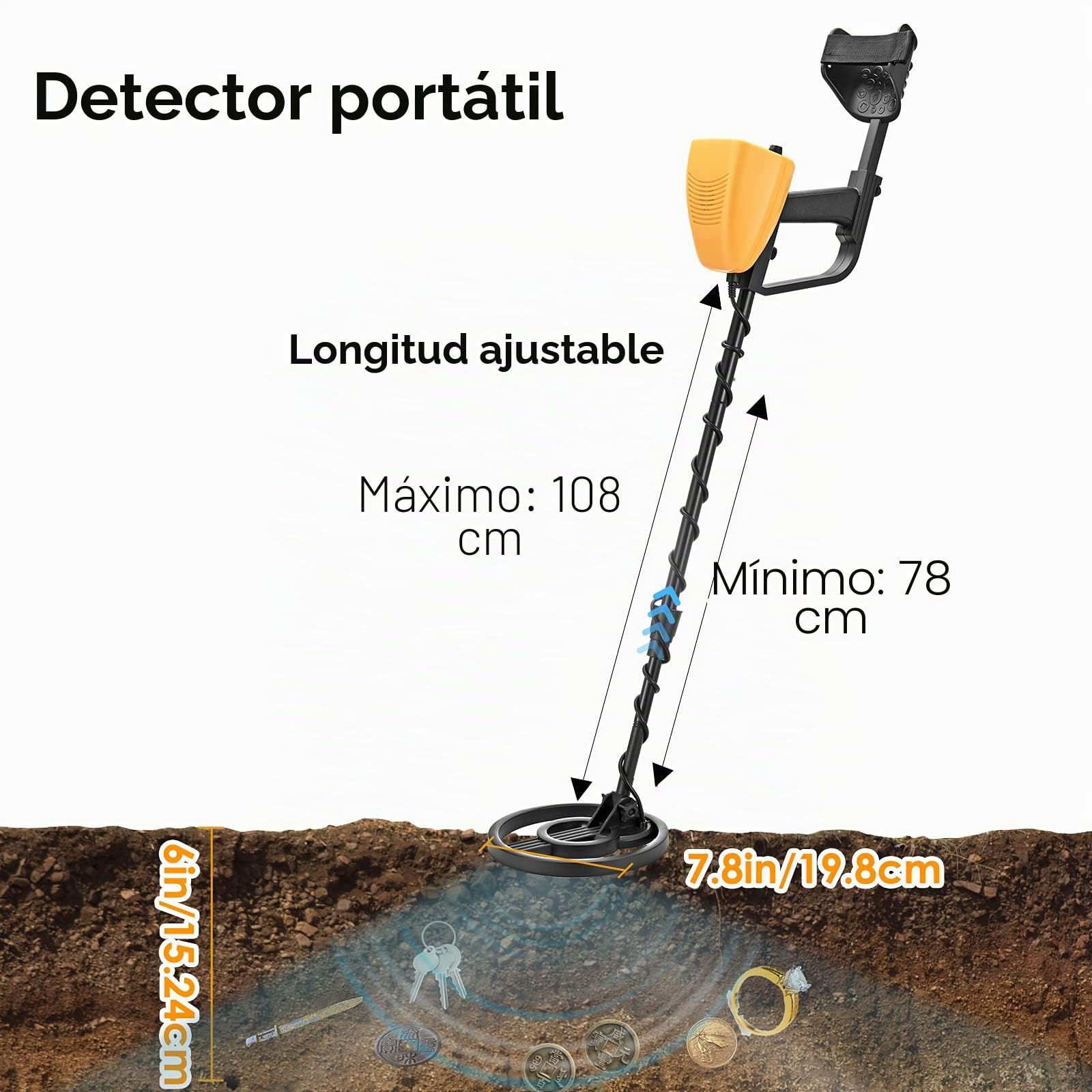 Detectores de Metales Alta Precisión Altura Ajustable de 78-108 cm, Detectores de Metales Profesionales a Prueba de Agua de 25 cm con Niños y Adultos