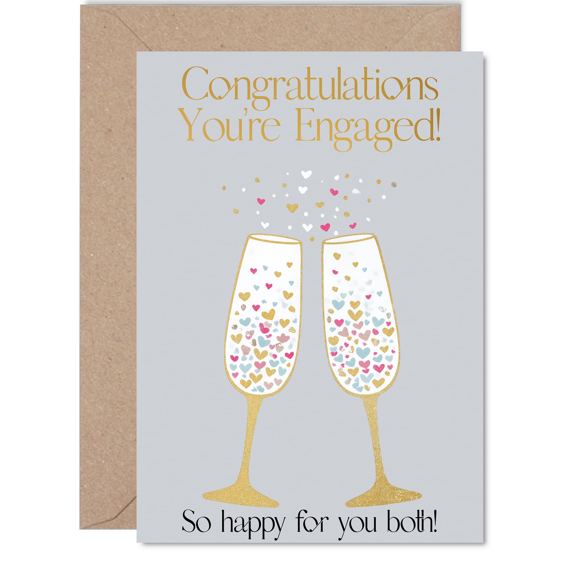 Heartfelt Engagement Card - Raise a Glass to the Happy Couple - Gold Champagne Flutes with Confetti Hearts and Foil Effect - 5X7 Inch, Envelope Included
