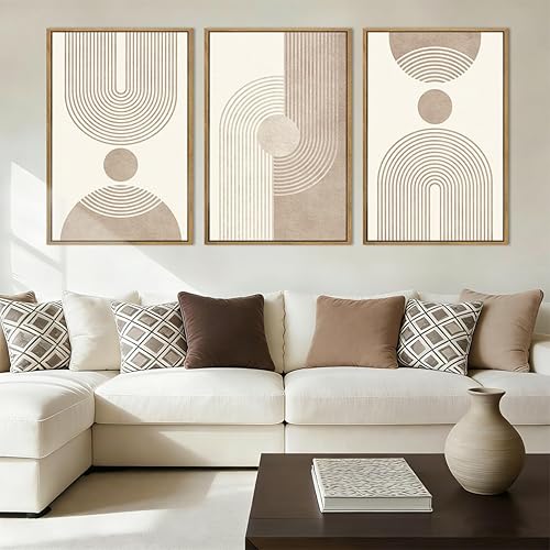 BINCUE Beige Neutral Canvas Wall Art Framed Geometric Abstract Wall