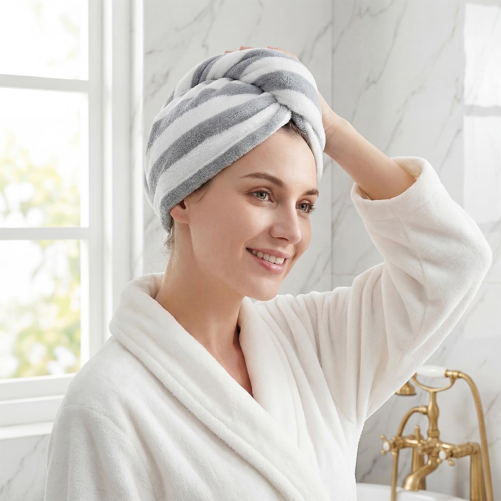 Toalla turbante suave para el cabello, toalla de secado de pelo, botón para absorber el cabello de secado rápido, turbante de microfibra para el cabello largo y rizado para mujer (gris y rosa) — view 8