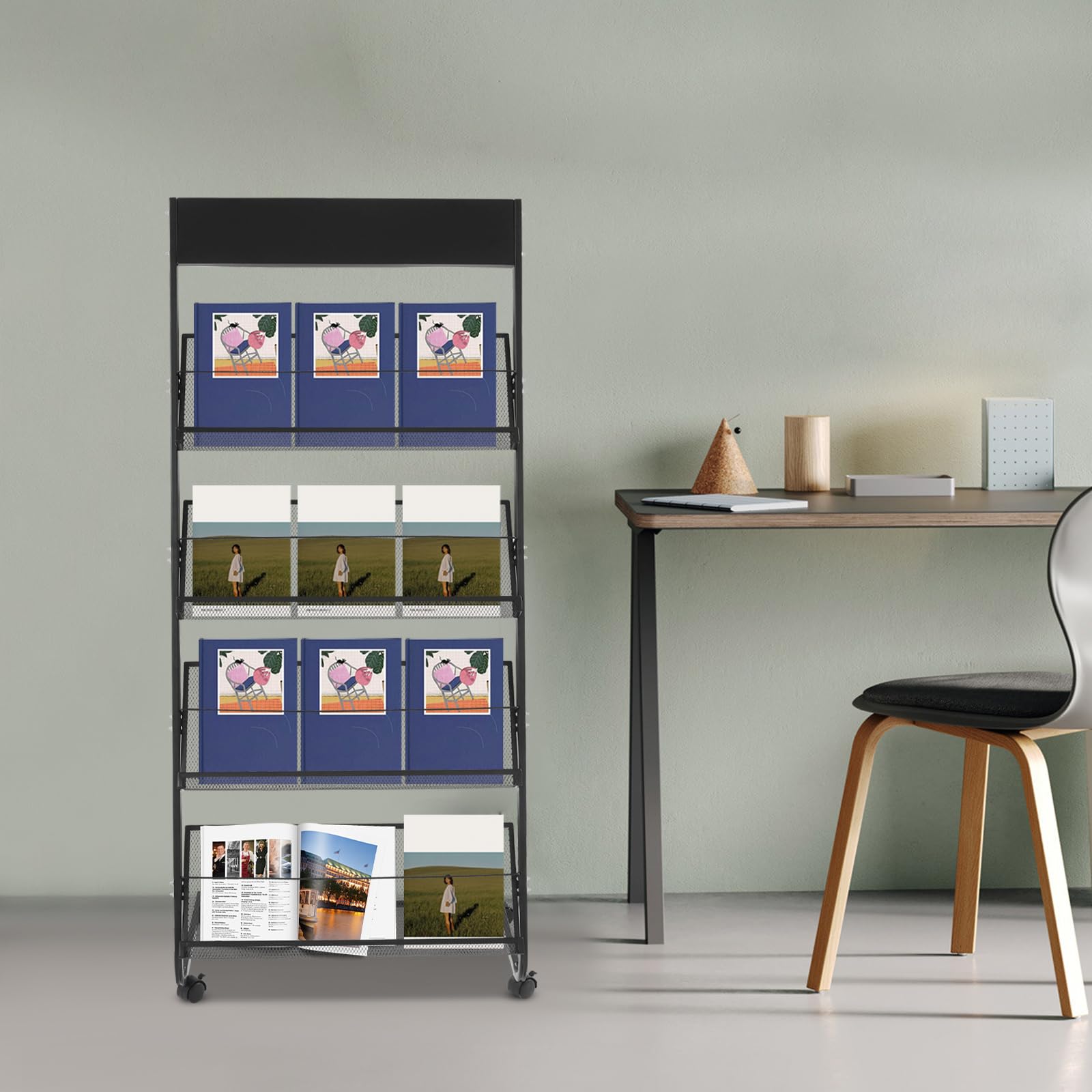 4 Layer Bodenstehender Prospektständer, Freistehend Zeitschriftenständer, Rollbarer Zeitschriftenhalter mit Plakatwand, Katalog Literaturständer für Büros und Messen (Schwarz)