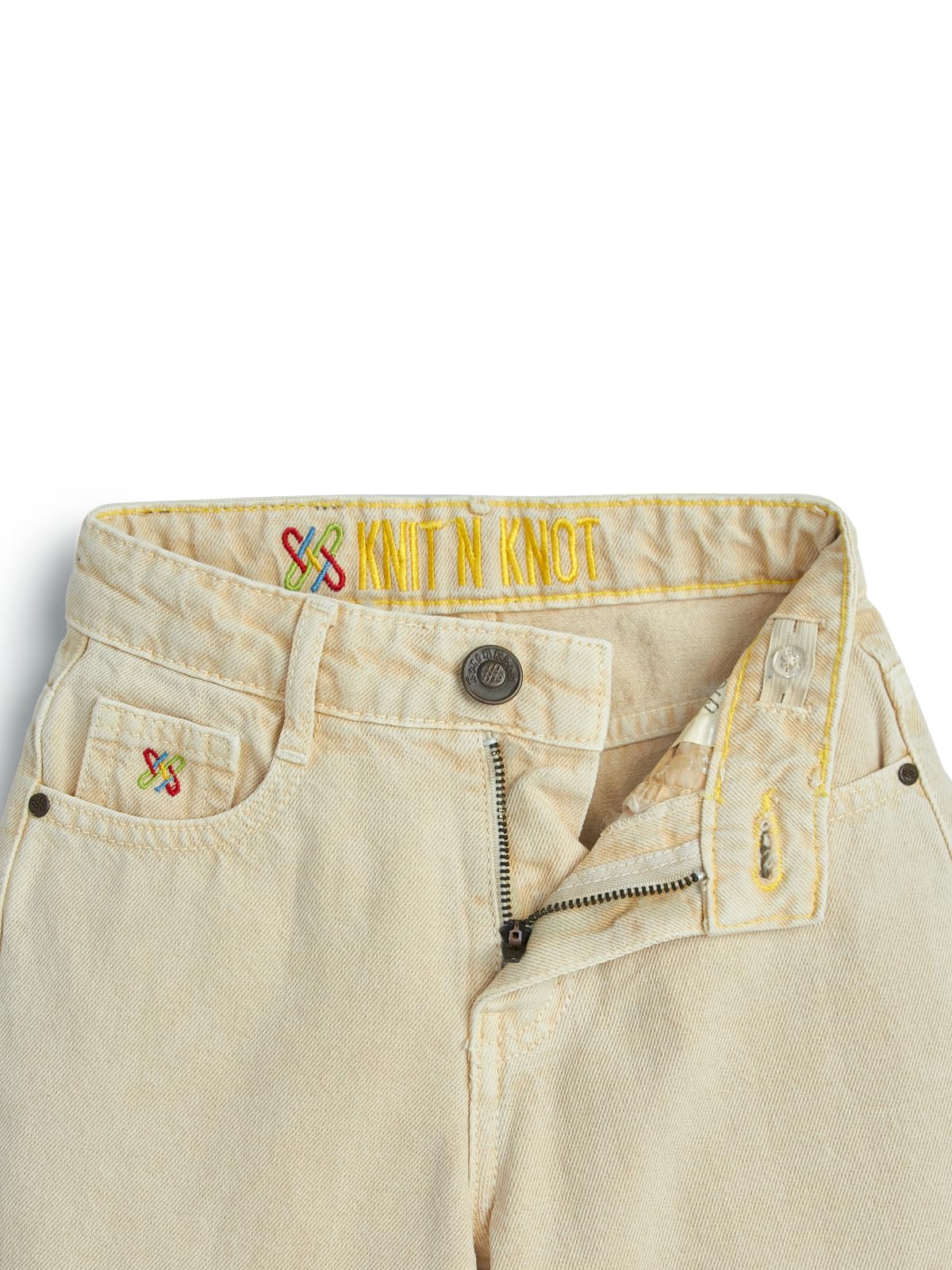 Knit N Knot Girl's Kids Beige Cream Wide Leg Flared Fit Relaxed Loose Colour High Waist Frayed Bottom Jeans | Regular Casual Festival Occassional Wear | Non Stretch | Adjustable Waist 2