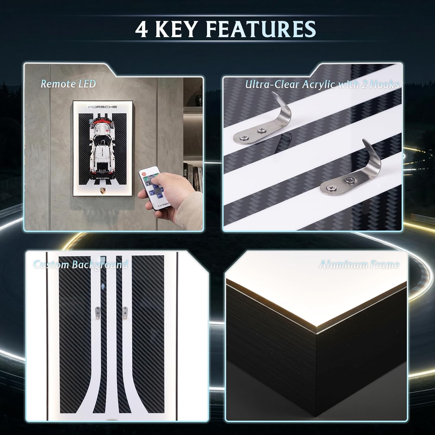 Display Wallborad for Lego Technic 42096 Porsche 911 RSR Race Car, Dispaly Wall Mount with Led Lights, Home Decor Adult Collectibles Wall Mount, Gift for Car Model Collectors(No Car Included)