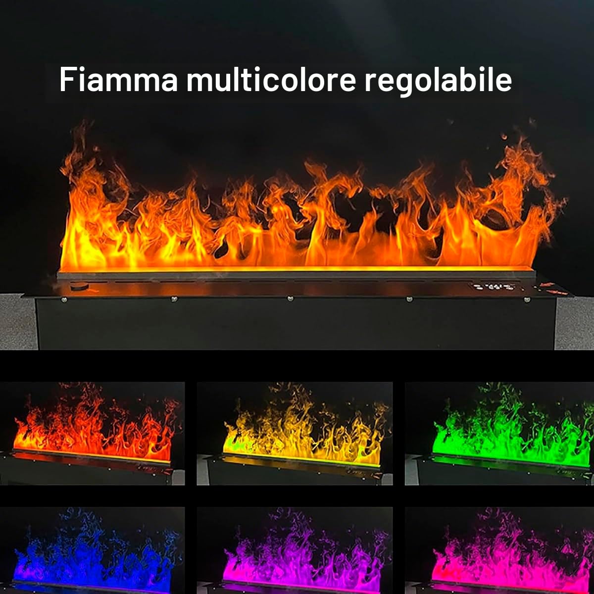 Camino a vapore acqueo 3D atomizzato con 7 colori fiamma regolabili e 5 livelli di luminosità, acciaio inox spazzolato, touch/telecomando, 80 cm