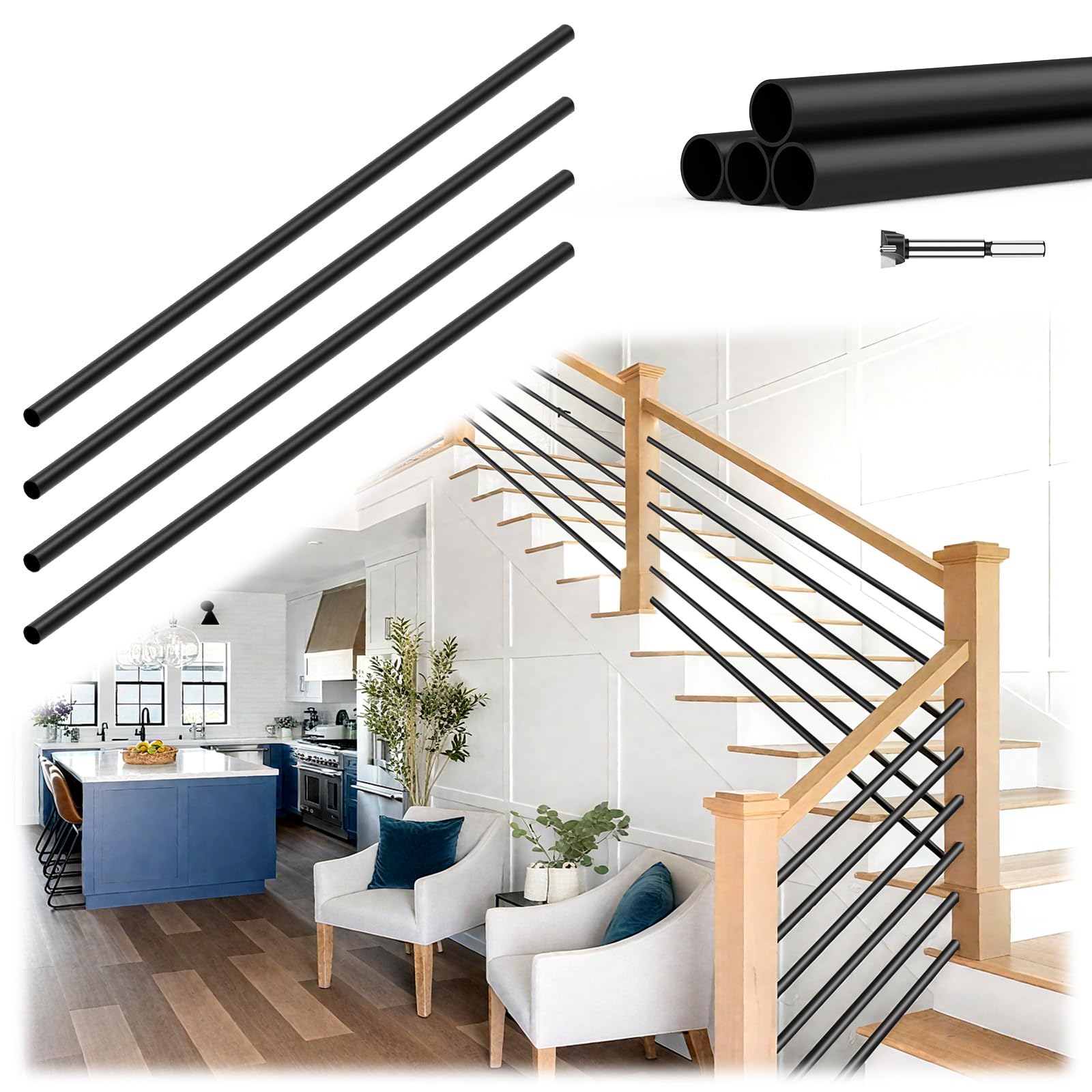 8 pack 4.7 ft x 5/8 inch iron horizontal balusters for staircase interior, round stair balusters with drill bit, matte black hollow spindles for staircase indoor lofts hallway