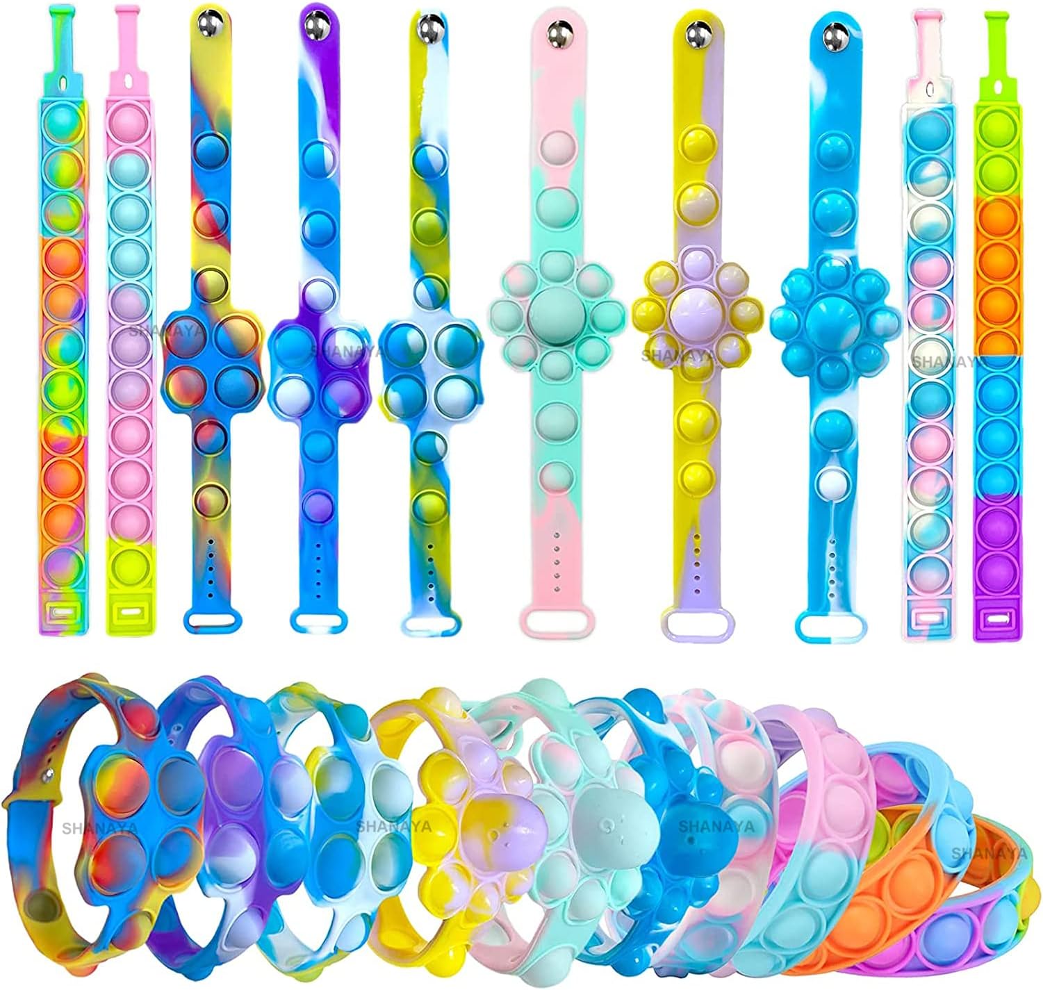 SHANAYA Pop It Fidget Toys Bracelet Wrist Band Push Pop Bubble Fidget Sensory Toy Silicone Stress Relief Toy Novelty Gifts for Boys Girls Adults (Pack of 2)