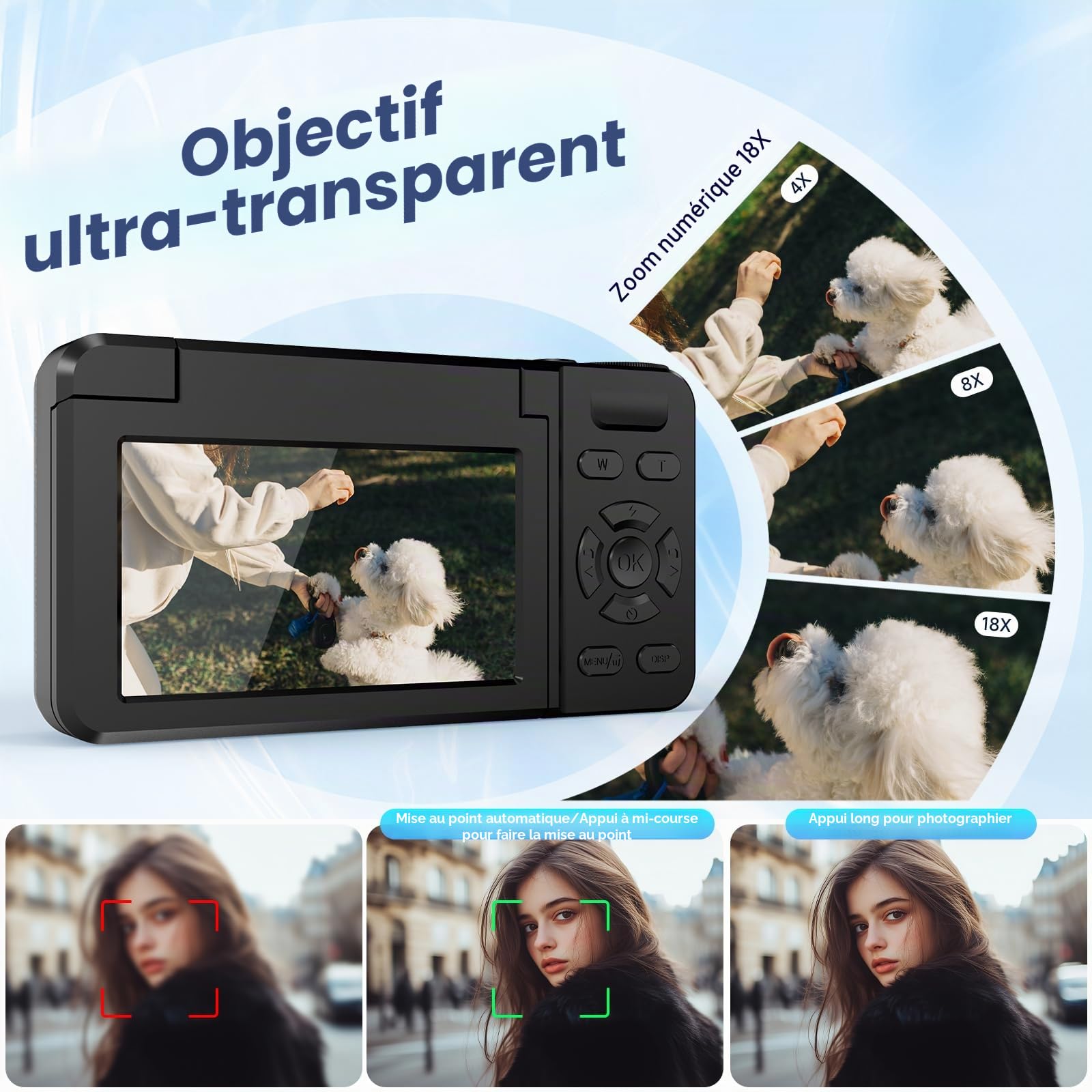 Appareil Photo Numérique 4K 64MP Wevoor Compact 32GB Écran Rabattable 180° 18x Zoom Numérique 2000mAh Batterie Noir