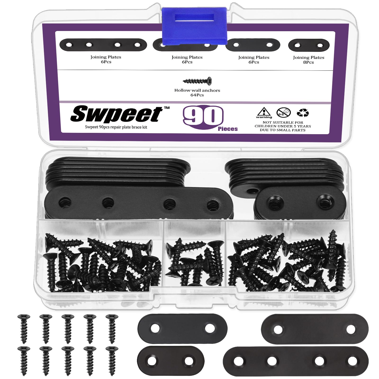 Swpeet 26Pcs 4 Sizes 77mm/57mm/47mm/37mm Stainless Steel Black Straight Corner Braces Sturdy Metal Brackets Mending Repair Plate Kit with 64Pcs Screws