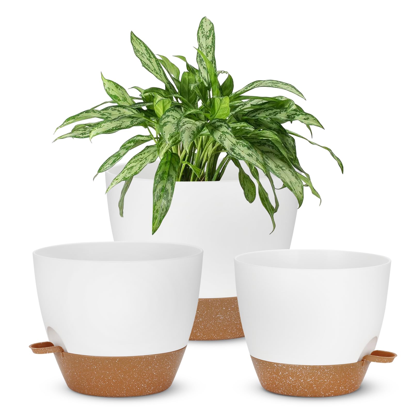 Self Watering Plant Pots Set, 10+9+8Inch Large Plastic Planters with Drainage Holes and Saucers, Big Flower Pots Set for Indoor Outdoor Plants - White, 3 Pack
