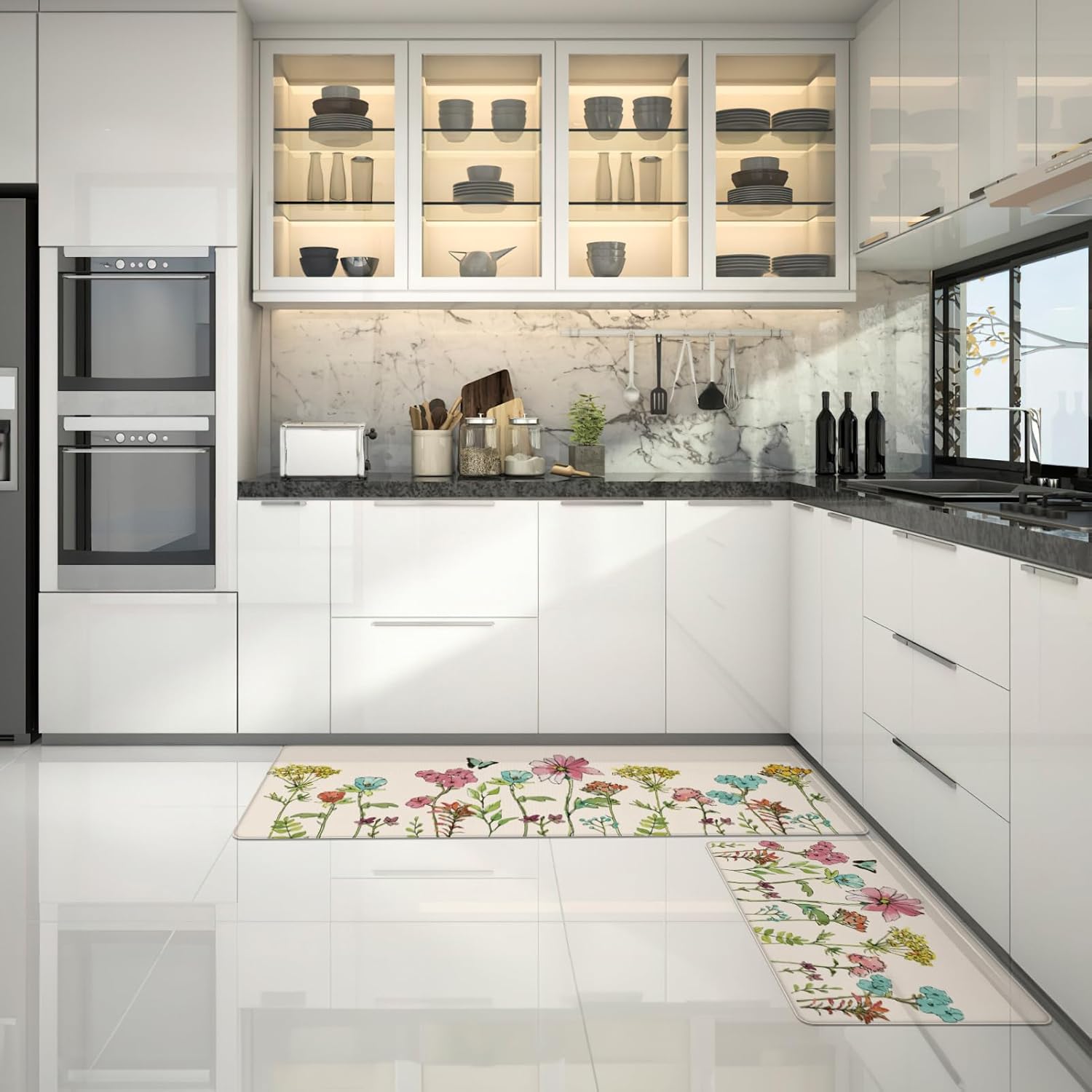 Kitchen Mats for Floor 2 Piece Cream, Colorful Flower Butterfly Kitchen Floor Mats for in Front of Sink, Floral Kitchen Rugs Non Slip Washable