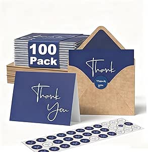 100 Pack Thank You Cards With Envelopes, Stickers & Sealers - 4x6 inch Navy Blue Bulk Set for Weddings, Baby Showers, and More