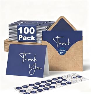 100 Pack Thank You Cards With Envelopes Bulk Set & Stickers - 4x6 inch Blank Thank You Notes Bulk Box Set - Large Note Card Small Business, Wedding, Baby Shower & Bridal Shower - Navy Blue