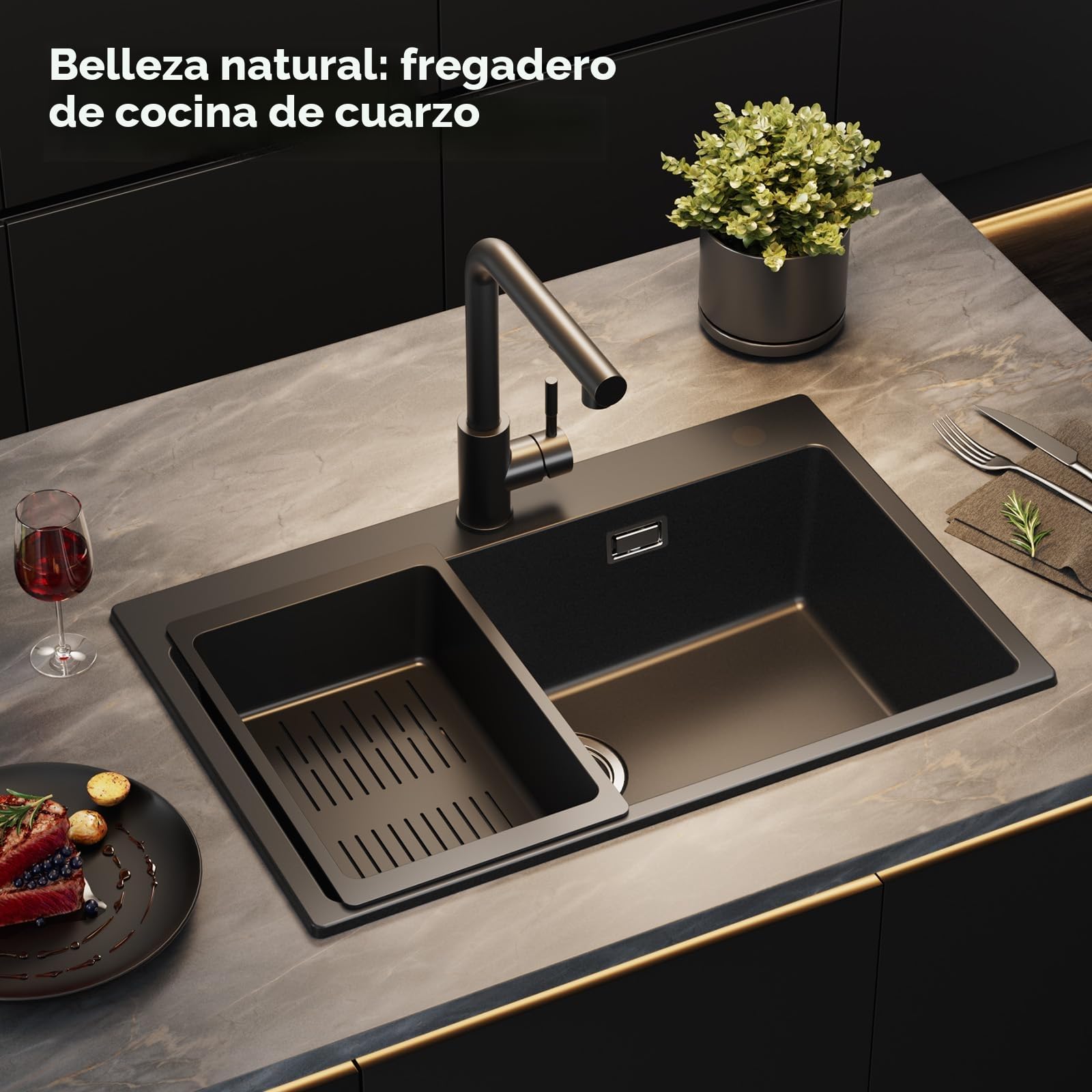 Fregadero de granito negro 70x45 cm con grifo mezclador y juego de ducha extraíble, fregadero de cocina rectangular para mueble bajo de 70 cm, fregadero de cocina con accesorios de drenaje