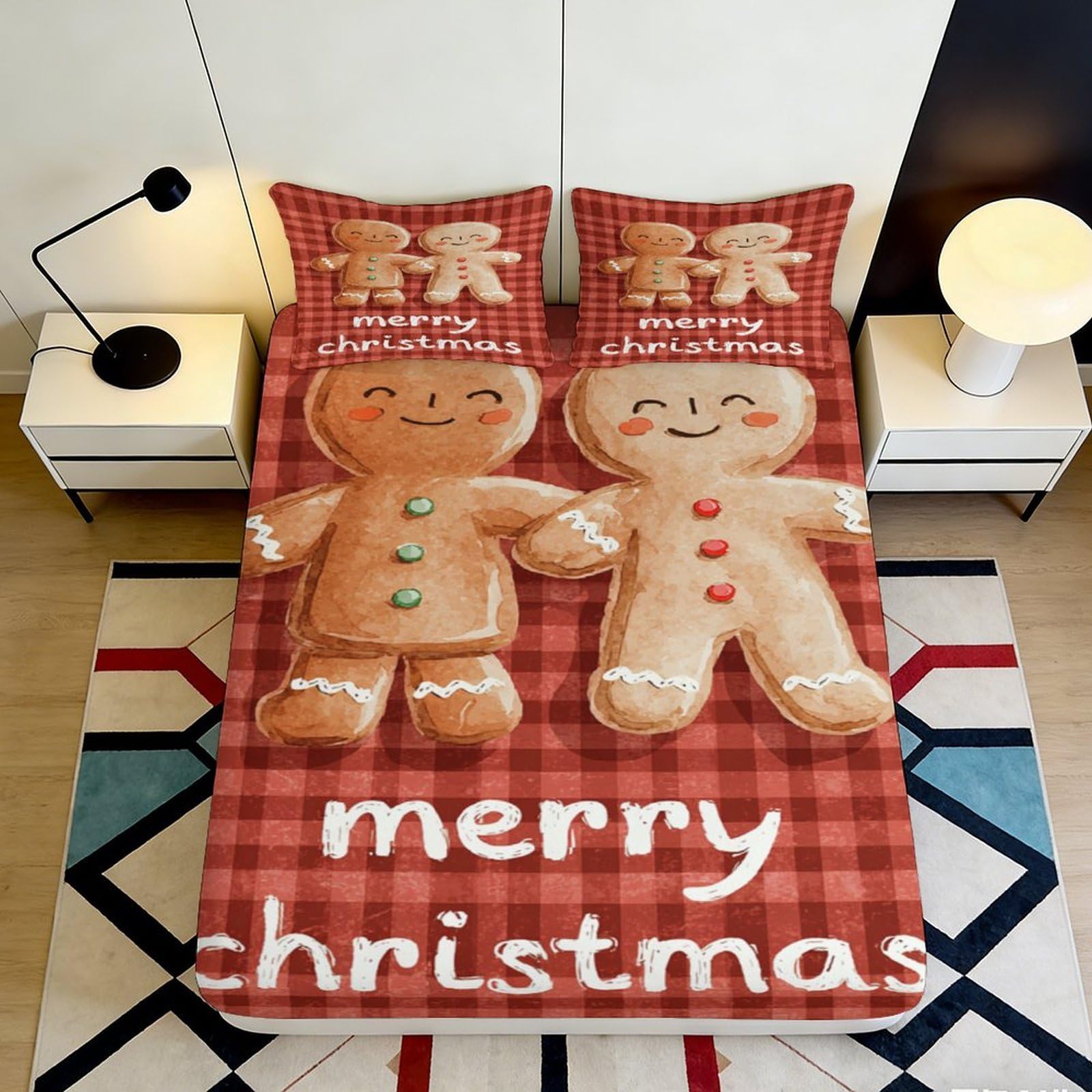 3D Printed Christmas Gingerbread Fitted Sheet Microfiber Soft Durable Merry Christmas Bed Cover for Bedroom Dormitory Guest Room Mattress Protection 180x200x25cm