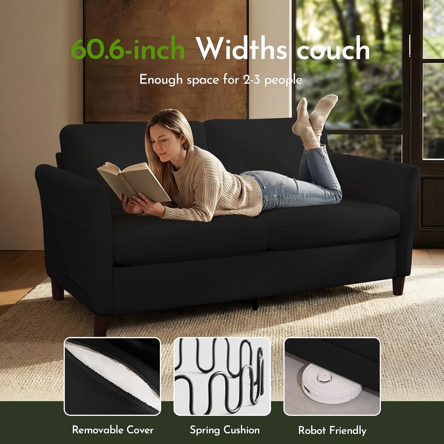 Valthie 60.6" Small Corduroy Loveseat Sofa, Mid-Century Modern 2-Seater Couch with Side Pockets for Small Spaces, Black – Perfect for Living Room, Bedroom, Office & Apartment