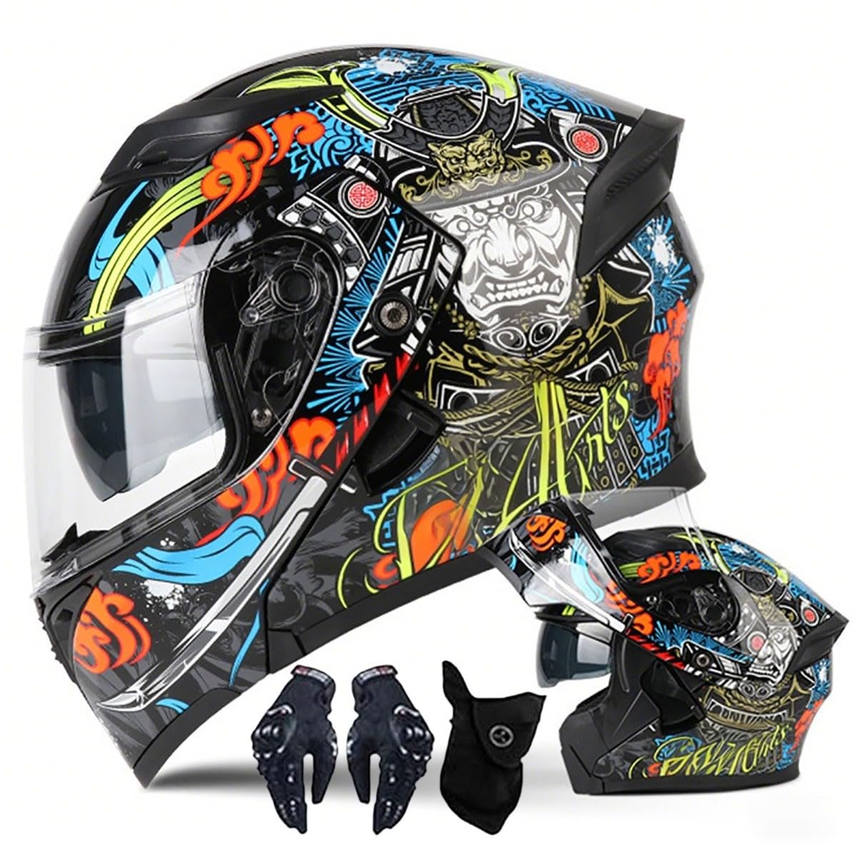 Casco de Moto Abatible Casco Integral Modular Hombre Mujer con Doble Visera, Guantes y Máscara Ciclismo, Casco Ciclomotor Cruiser Scooter, Homologado por la ECE 57-64cm