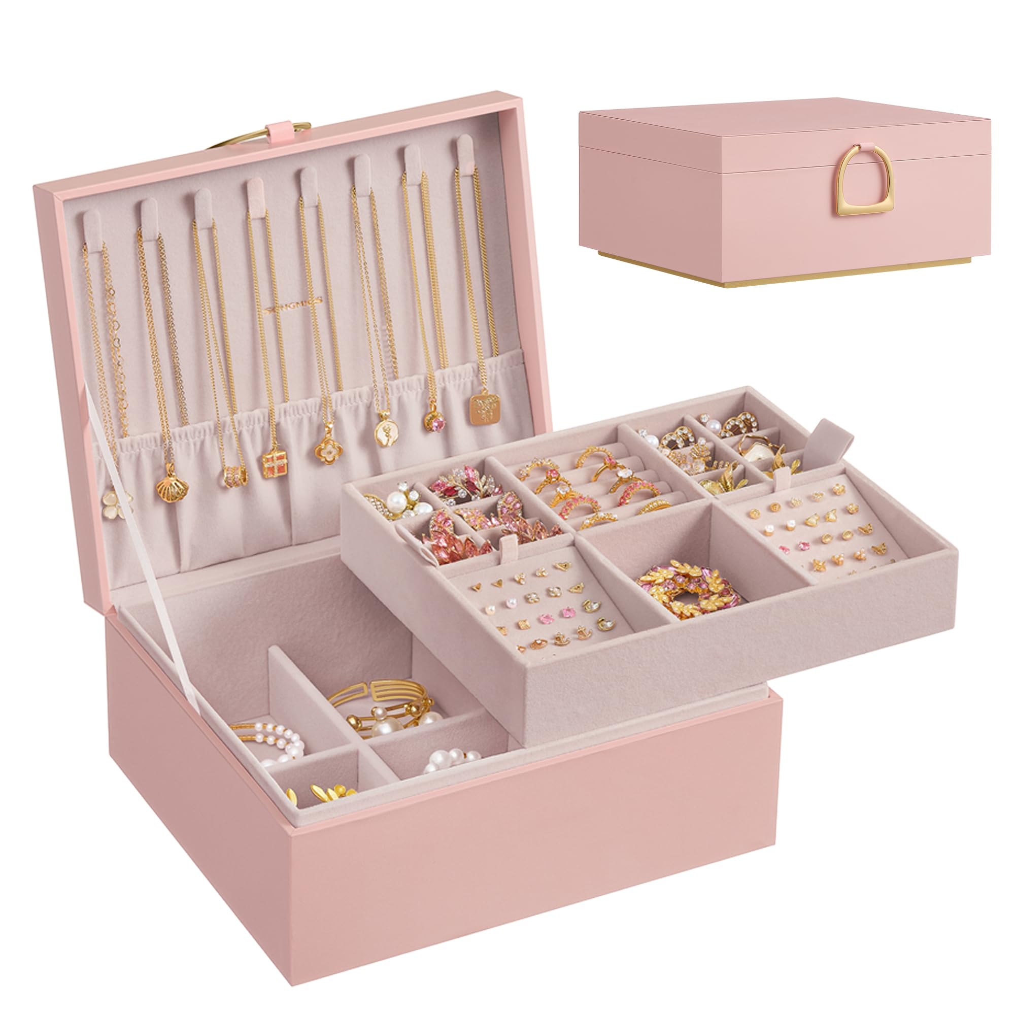 Songmics Jelly Pink 2-Layer Jewellery Box, Jewellery Organiser With Handle, Removable Jewellery Tray, Jewellery Storage, Floating Effect, 20.5 X 24 X 11 Cm, Gift Idea, Jbc165r01