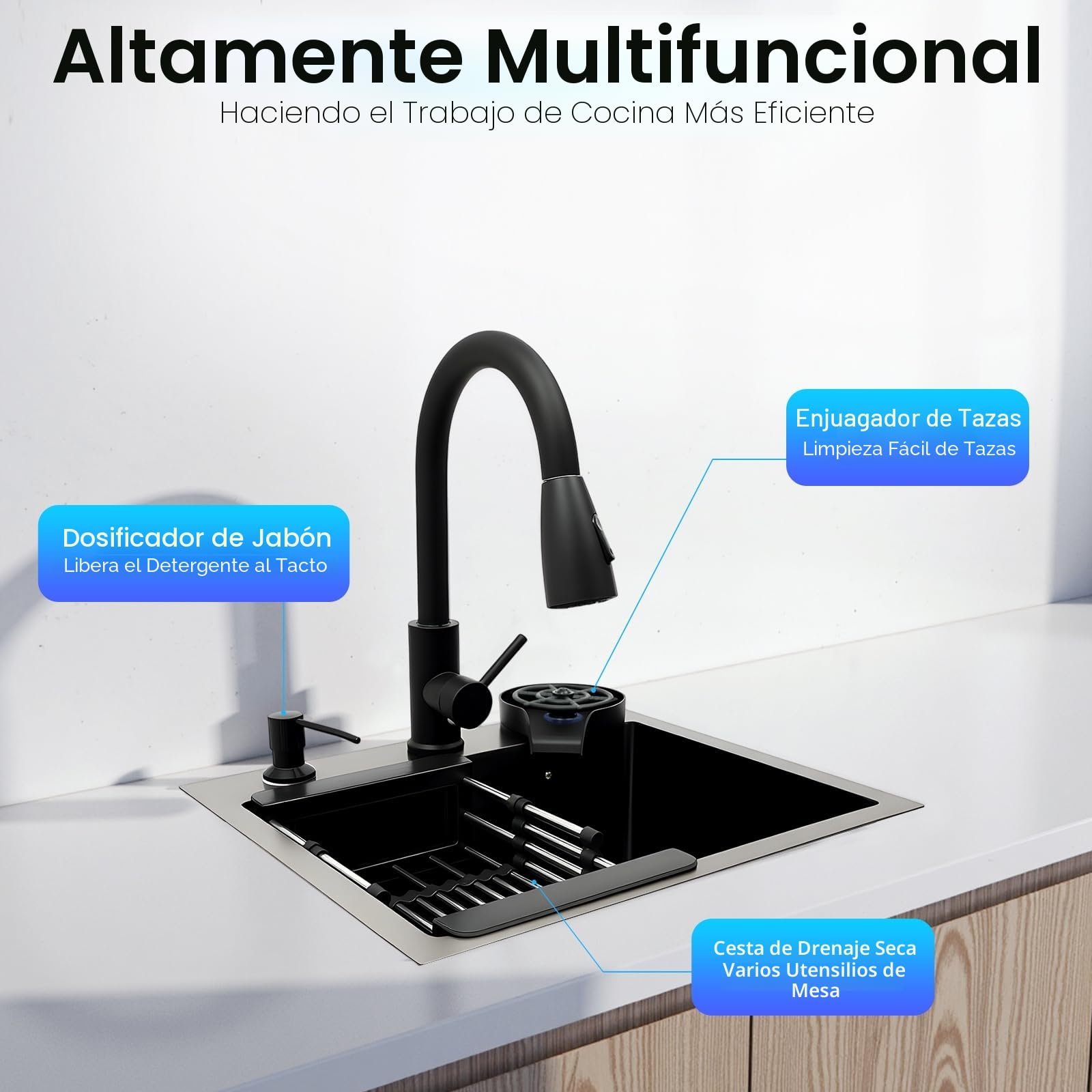 Fregadero de acero inoxidable de 45 x 40 cm, color negro, con grifo extraíble y lavavajillas para tazas, fregadero de cocina multifuncional, 1 lavabo, incluye tubo de drenaje, dispensador de jabón
