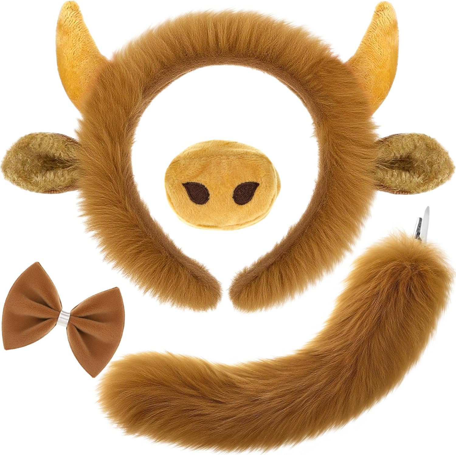 Janinka Halloween Highland Cow Costume for Kid Aldult with Bull Horn Headband Tail Nose Bow Tie for Halloween Cosplay Party
