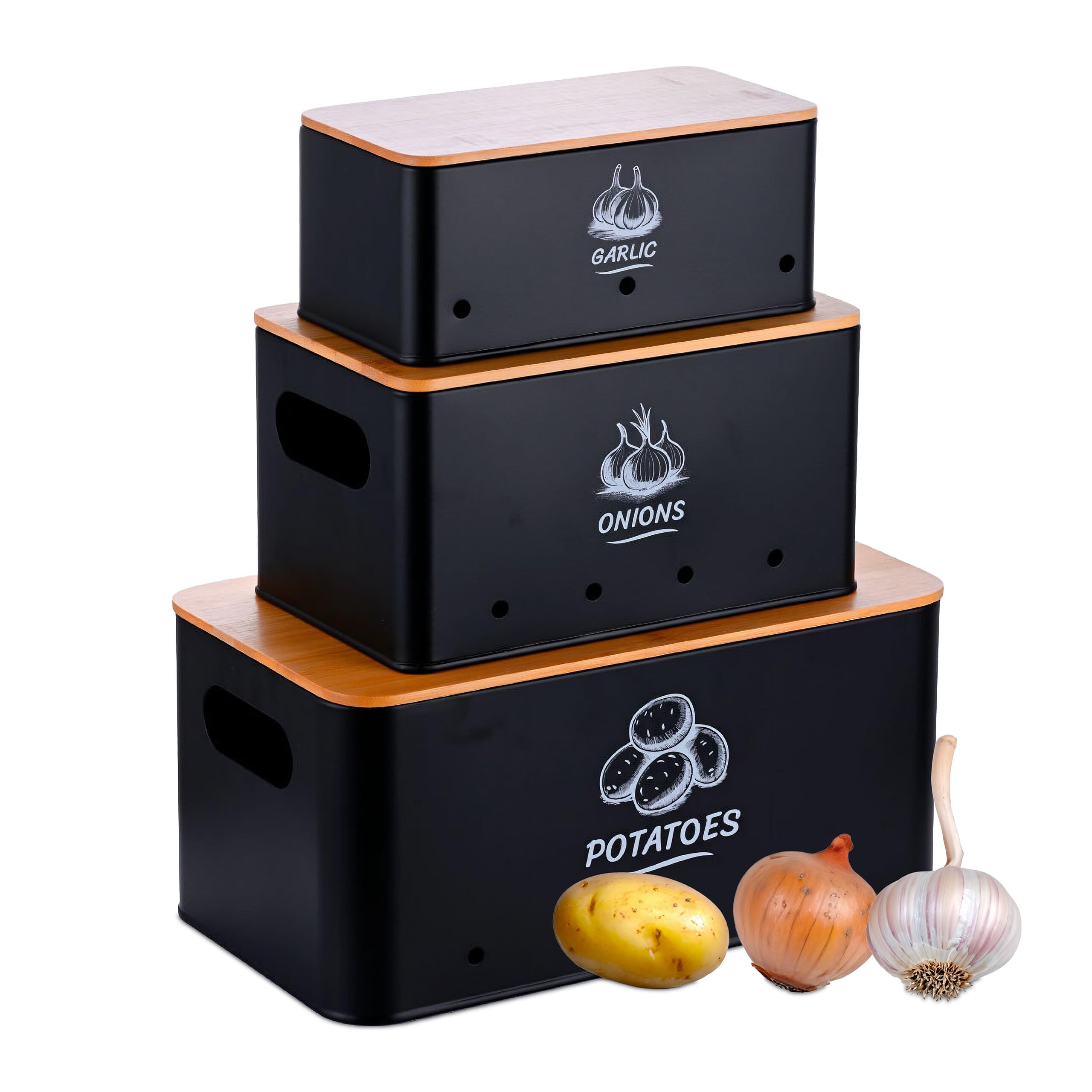 Relaxdays Set di 3 scatole, Patate, cipolle, Aglio, contenitori per Verdure con Coperchio, Metallo