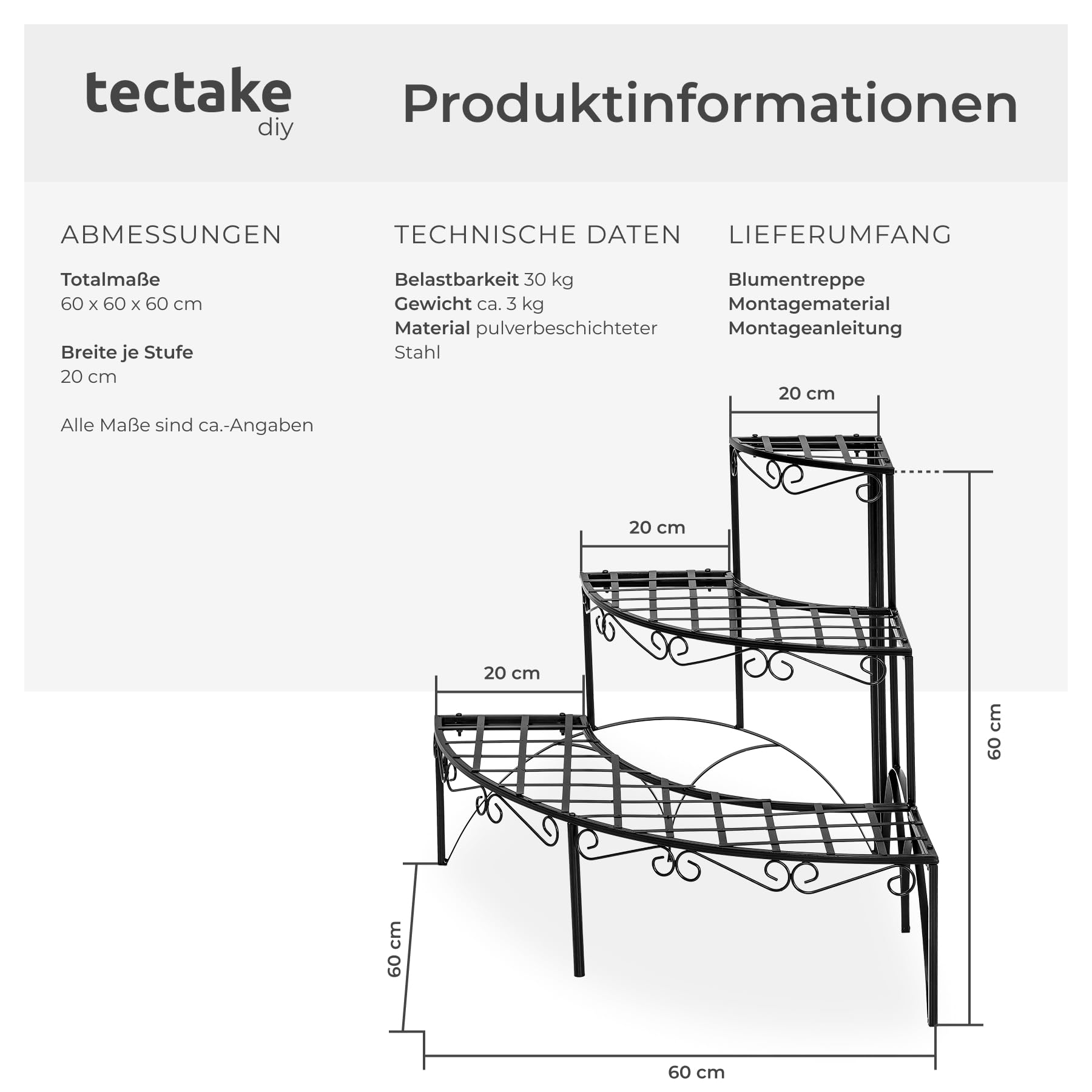 tectake® Pflanzentreppe, Blumenständer Metall, Blumenbank, Blumentreppe mit 3 Stufen, Pflanzenregal, Pflanzenregal outdoor, Blumenregal, Blumenhocker ca. 60x60x60cm (Stufen rund| Nummer 401712)