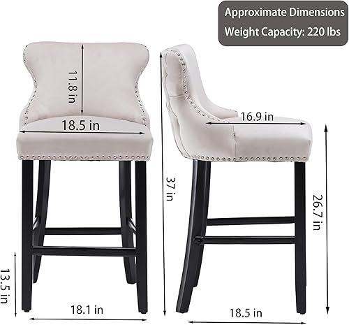 Miniatura 3 de Rhomtree Taburetes de bar tapizados de terciopelo modernos de 27 pulgadas con patas de madera, botón acolchonado, cabeza de clavo cromada, taburetes