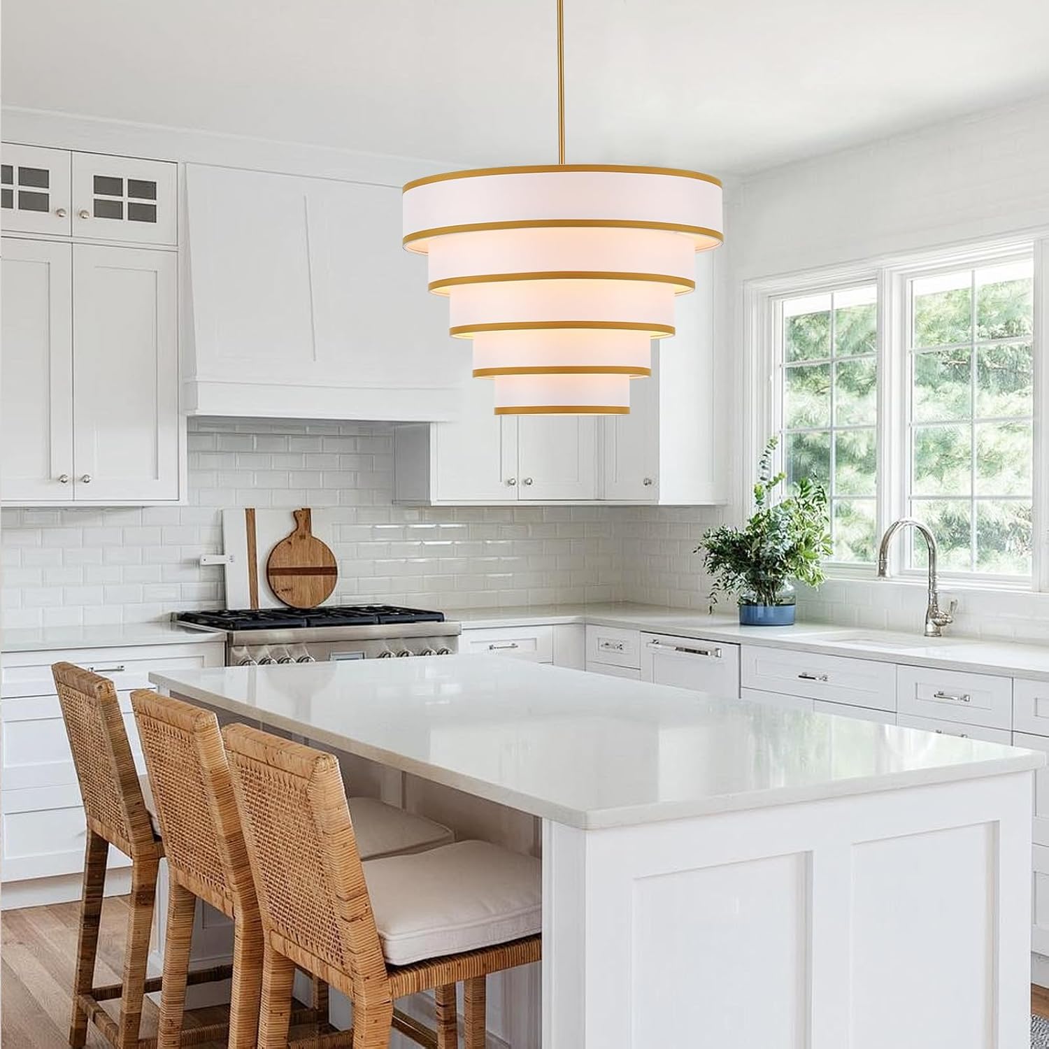 23.6" Gold Drum Chandelier with White Linen Lampshade 6-Light Modern Farmhouse Vintage Chandelier Light Fixture for Living Room, Dining Room, Kitchen Island, Entryway, Stairway